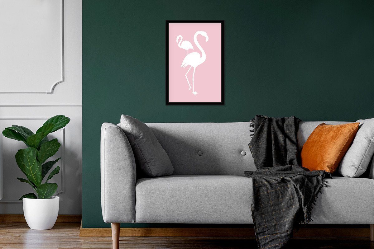 Flamingo, St), Poster, - Bilder, - Schwarzem MuchoWow Weiß Wandposter, Poster Wanddeko, Rosa (1 Bilderrahmen Gerahmtes