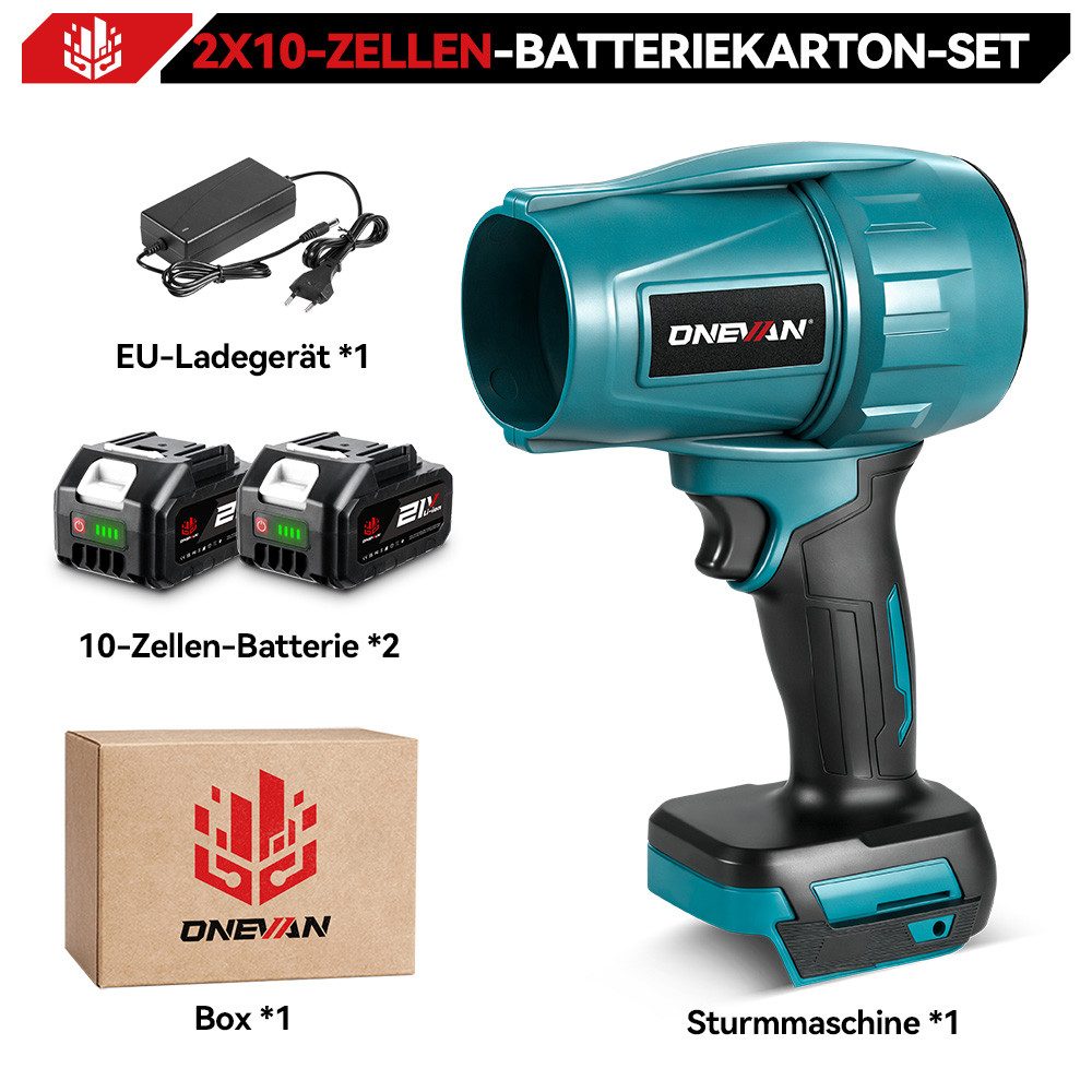 ONEVAN Akku-Gebläse 160 m/s Bürstenloser Turbo-Jet-Lüfter, Tragbarer Akku-Laubbläser, mit 2 x Akku, Leicht Laubbläser, Für Laub/Schnee/Staub/Auto/SäGemehl