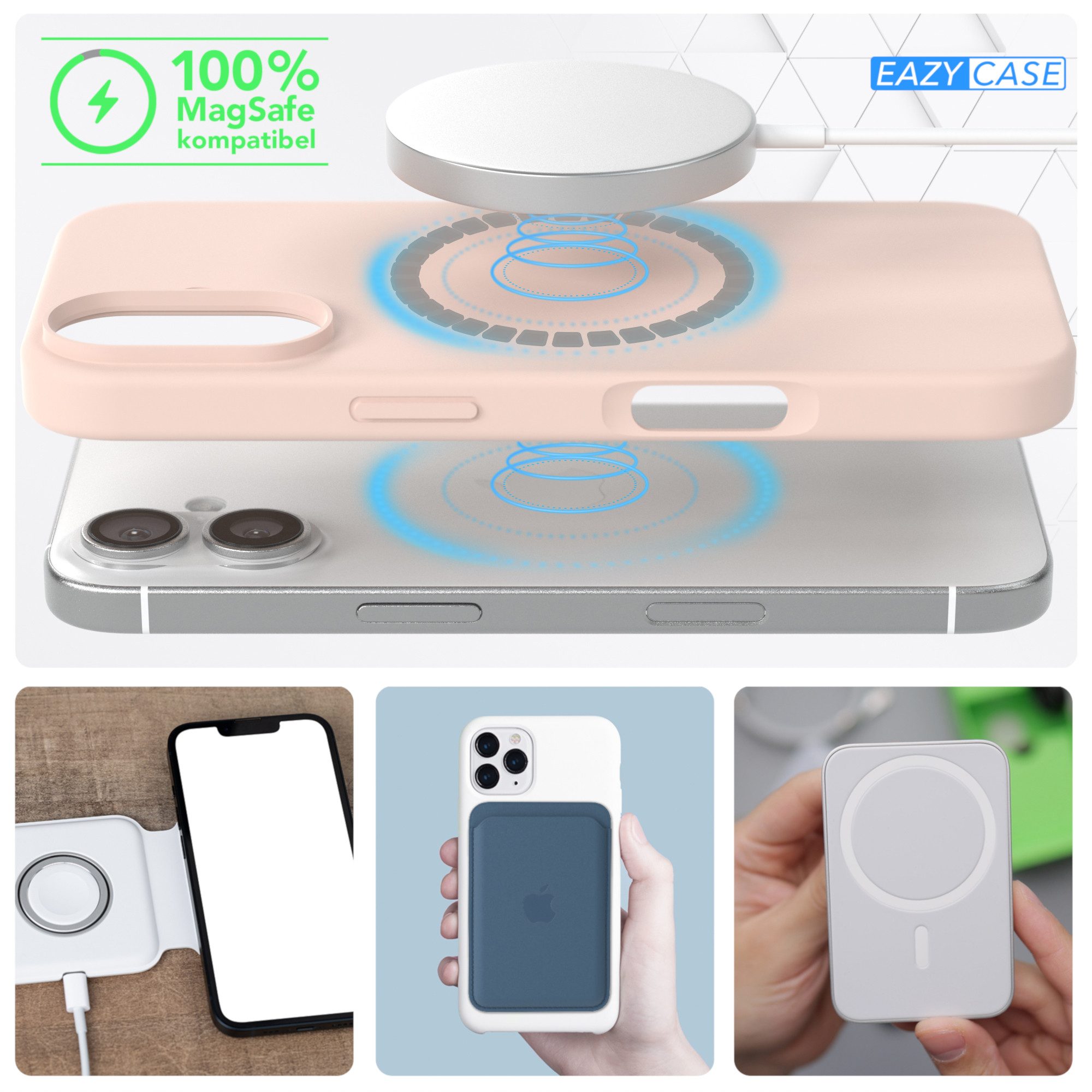 EAZY CASE Handyhülle Silikonhülle mit MagSafe für Apple iPhone 16 6,1 Zoll, Hülle Kameraschutz Handyschutzhülle kompatibel Magsafe Etui Rosa Braun