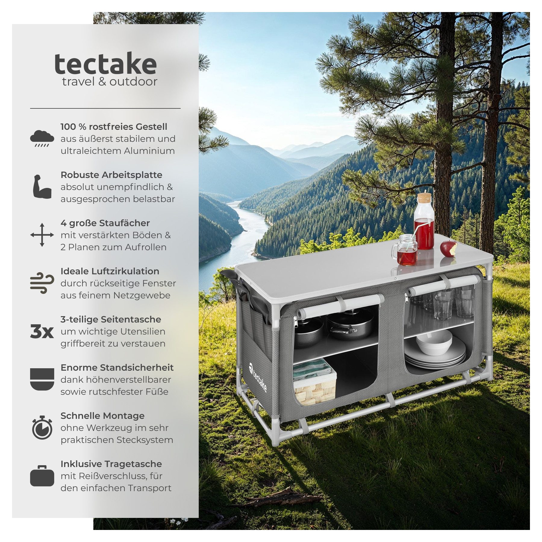 tectake Campingtisch Campingschrank Komfort mit 4 Fächern (1-St., 1 tlg), S günstig online kaufen