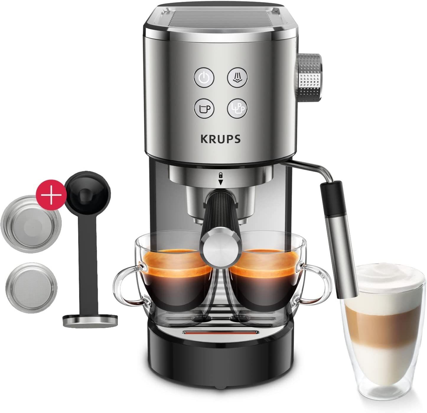 Krups Espressomaschine XP442C, 1l Kaffeekanne, Filtereinsatz automatischer Abschaltung, ESE Kaffeepads geeignet Edelstahl, 15 Bar + Tamper, Milchschaumdüse