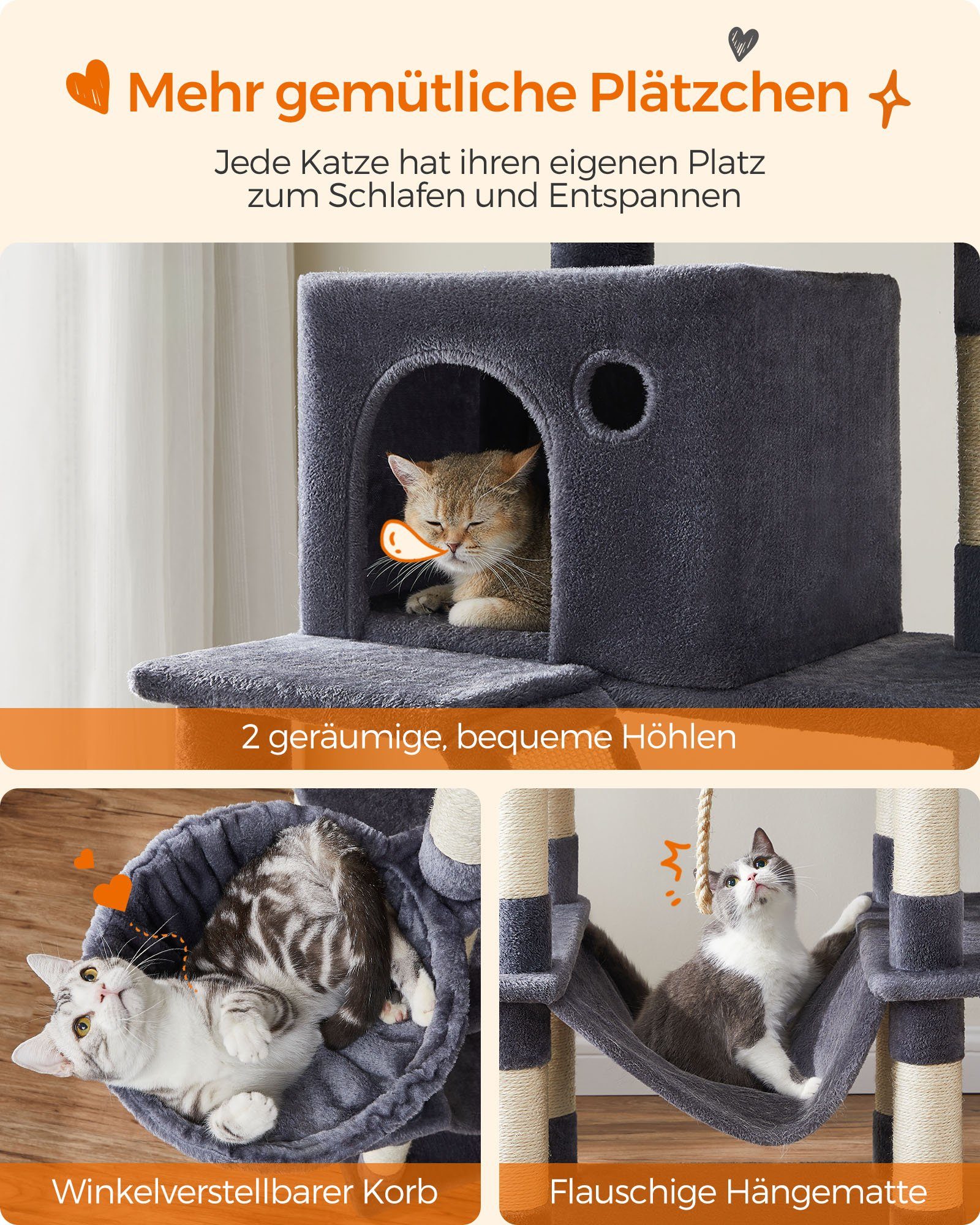 FEANDREA Kratzbaum, Katzenbaum, 168/206 cm(H), mehrstöckig für große Katzen, Kippschutz