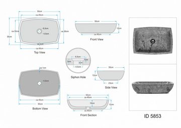 wohnfreuden Aufsatzwaschbecken Marmor Waschbecken MARA 50 cm grau rechteckig (Kein Set), 53_5853