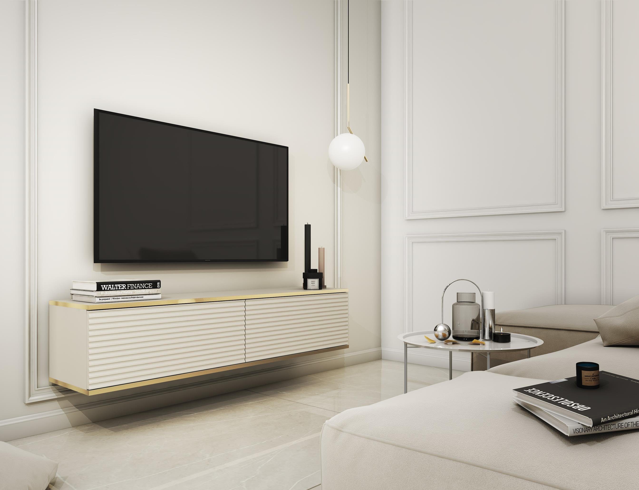 Furnix TV-Schrank LIWIA 135 MDF Fernsehschrank mit Zierleisten und Türen B135 x H30 x T32 cm Beige/Gold