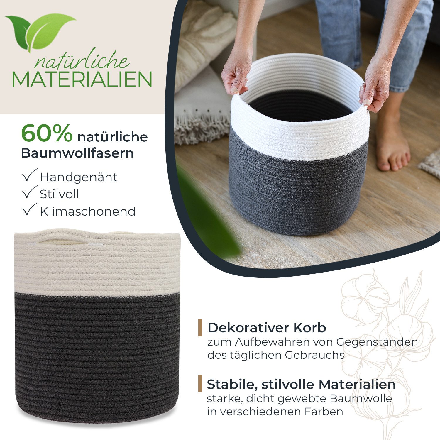 HMF Aufbewahrungskorb Aufbewahrungskorb mit versteckten Griffen, runder Korb passend für Kallax, 31 x 31 cm, Weiß-Grau
