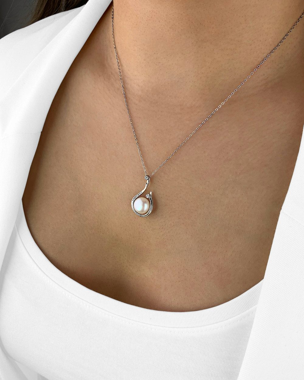 DANIEL CLIFFORD Perlenkette 'Nancy' Damen Halskette Silber 925 mit Perlen und Kristall (inkl. Verpackung), größenverstellbare Silberkette 40cm - 45cm, hautfreundlich