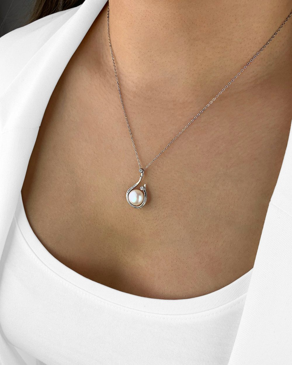 Perlenkette 'Nancy' Damen Halskette Silber 925 mit Perlen und Kristall
