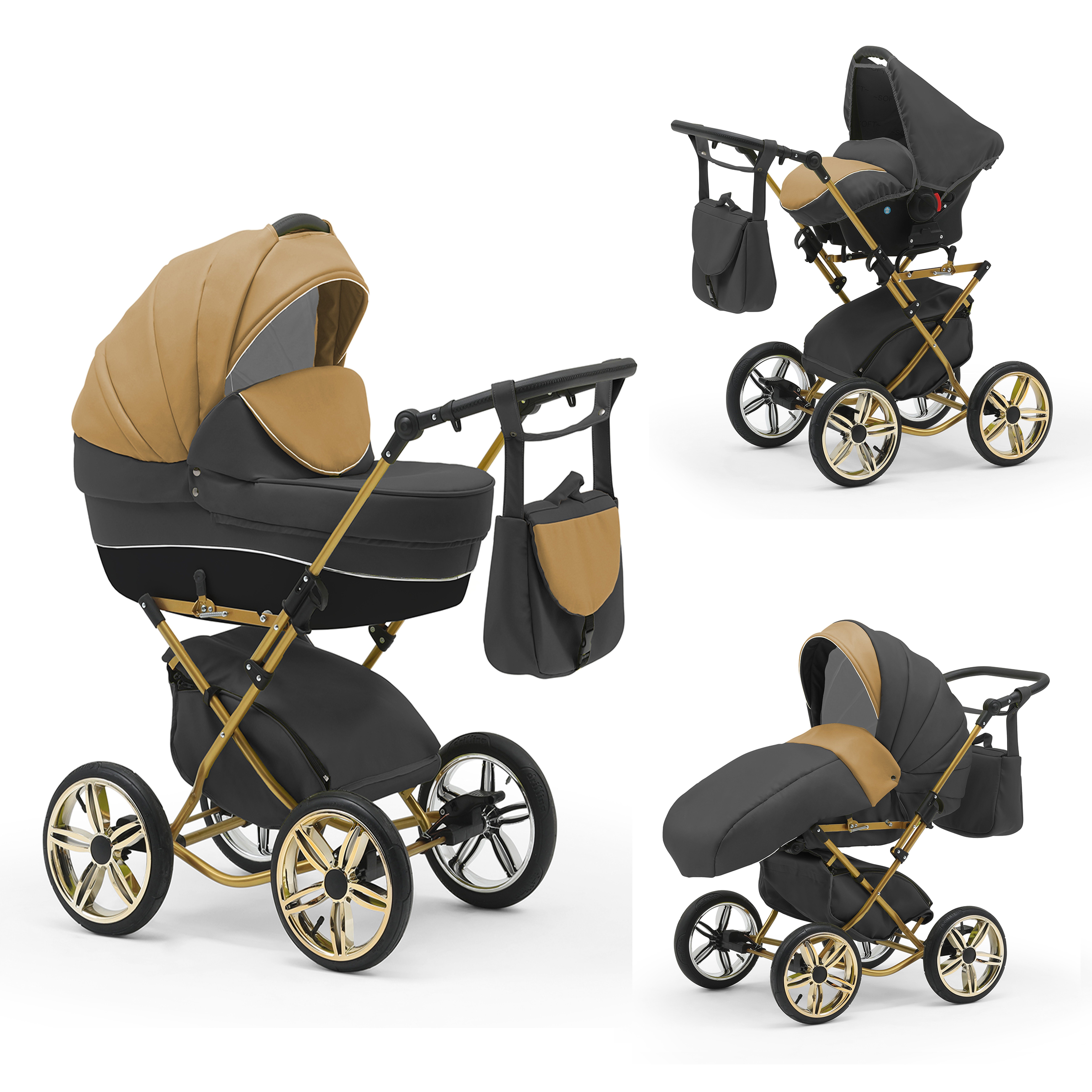 babies-on-wheels Kombi-Kinderwagen Sorento 3 in 1 inkl. Autositz - 13 Teile - in 10 Designs Beige-Grau