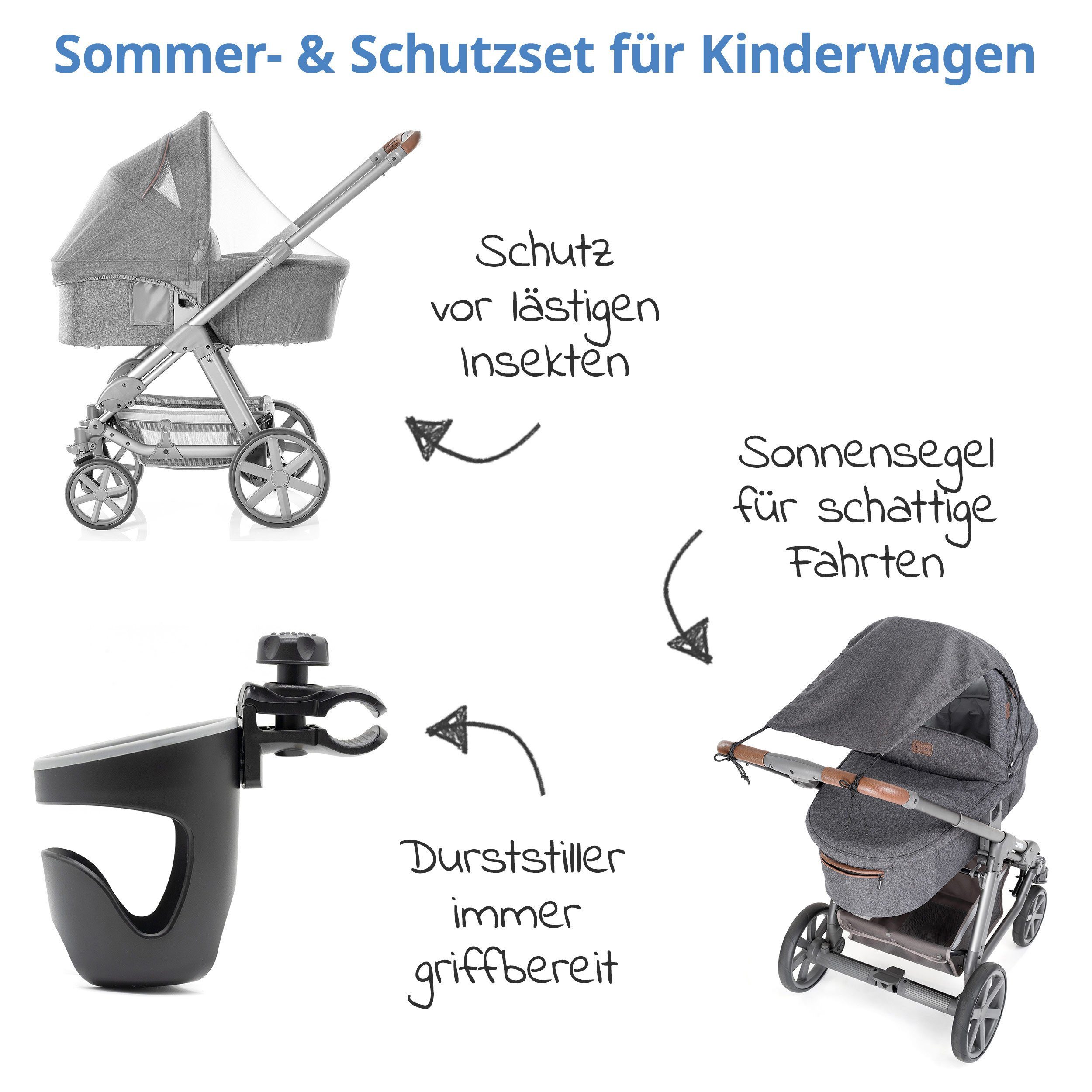 Zamboo Kinderwagenschirm 3-teiliges Sommer- & für Insektenschutz mit / Schutzset, Kinderwagen / & Getränkehalter Sonnensegel Mosktionetz Sonnenschutz