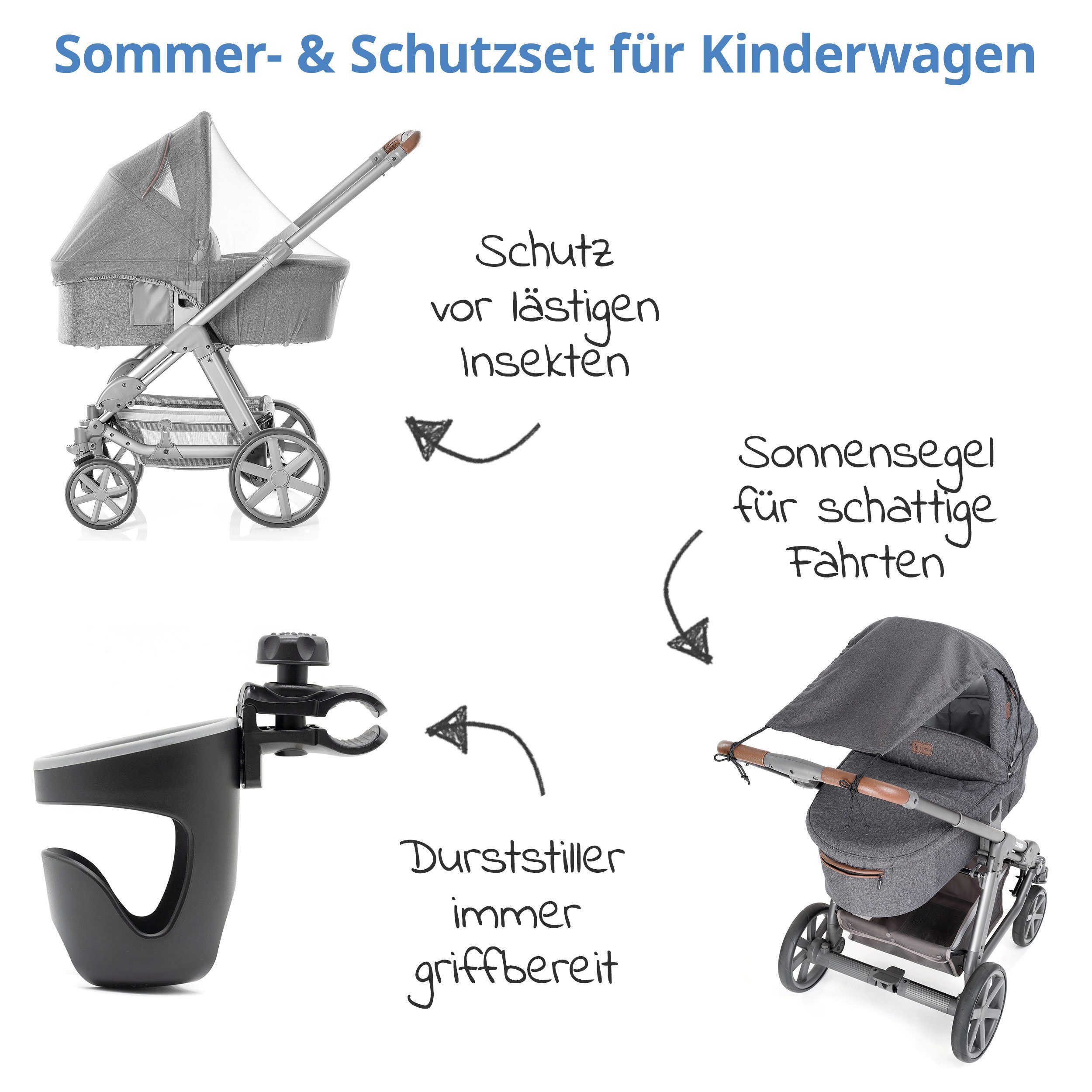 Zamboo Kinderwagenschirm 3-teiliges Sommer- & Schutzset, für Kinderwagen mit Sonnensegel, Insektenschutz & Getränkehalter