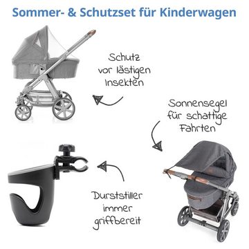 Zamboo Kinderwagenschirm 3-teiliges Sommer- & Schutzset, für Kinderwagen mit Sonnensegel / Sonnenschutz, Insektenschutz / Mosktionetz & Getränkehalter