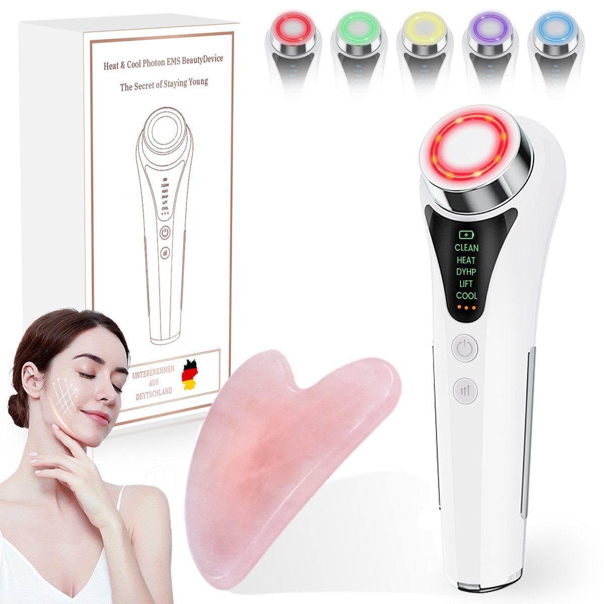 FOSMET Gesichtsmassagegerät 6 in 1 EMS RF Gesichtsmassagegerät mit LED, Wärme und Kälte, 6-in-1 Anti-Aging Gerät, Elektrisches Beauty Tool für tägliche Hautpflege und sanfte Massage