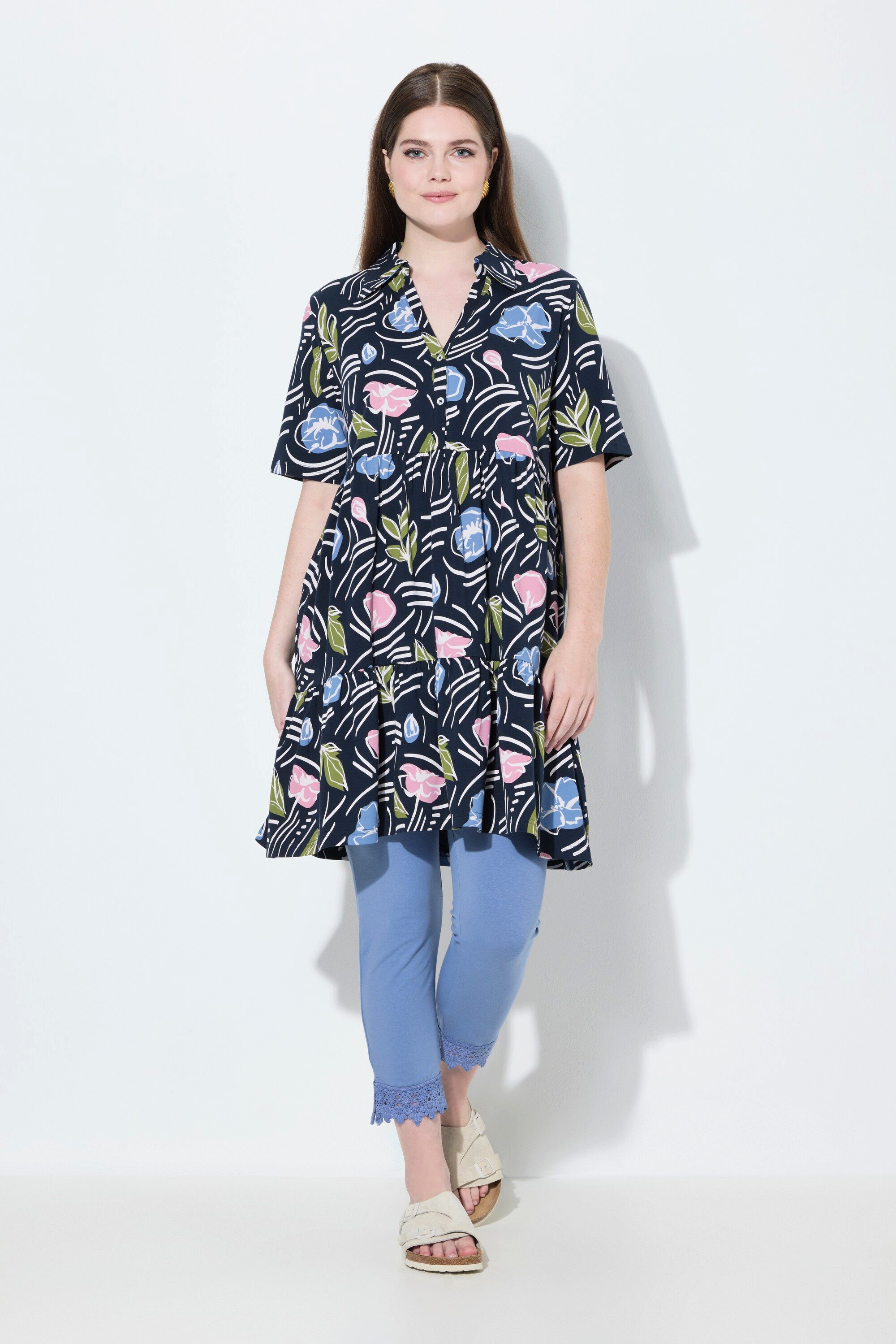 Ulla Popken Longshirt Longshirt Blüten A-Linie Polokragen Halbarm günstig online kaufen