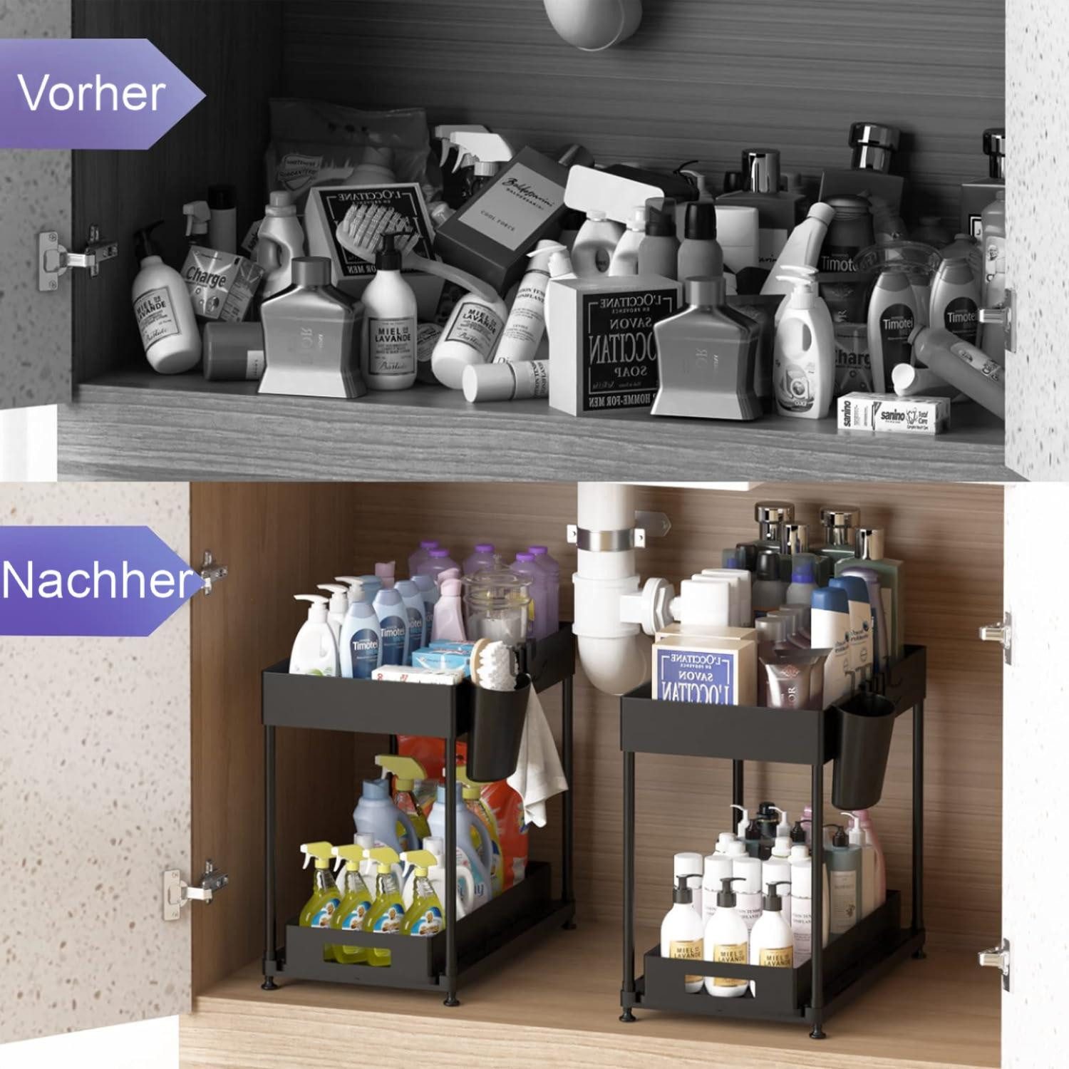 Refined Living Ablageregal Waschbecken Regal, Küchenschrank Organizer, Spülschrankregal Organizer, Lagerregal mit 2 Ebenen, mit Schiebeschublade, 4 Haken und 1  – Bild 3 von 5