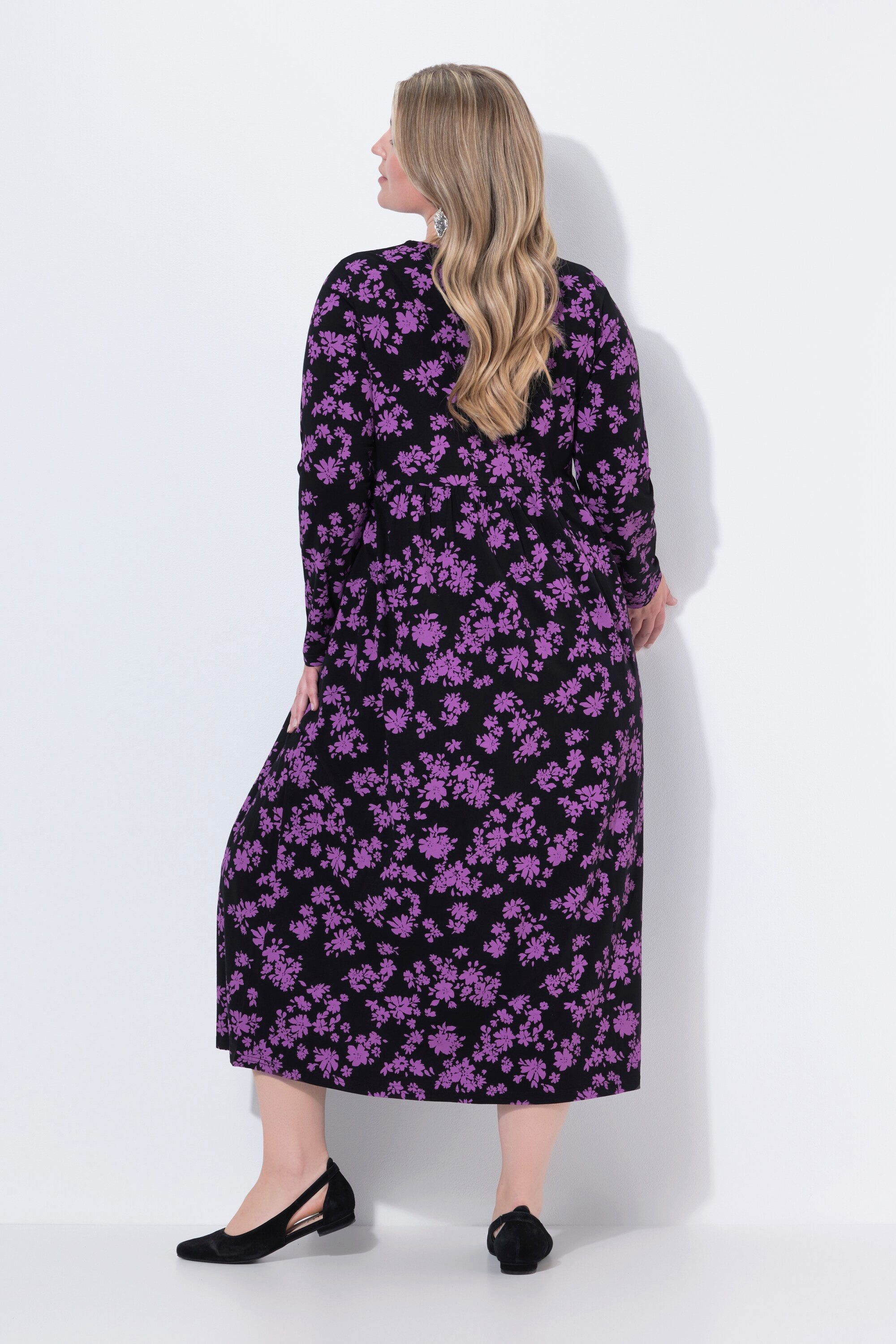 Ulla Popken Maxikleid Maxikleid Blüten A-Linie Rundhals Langarm Taschen