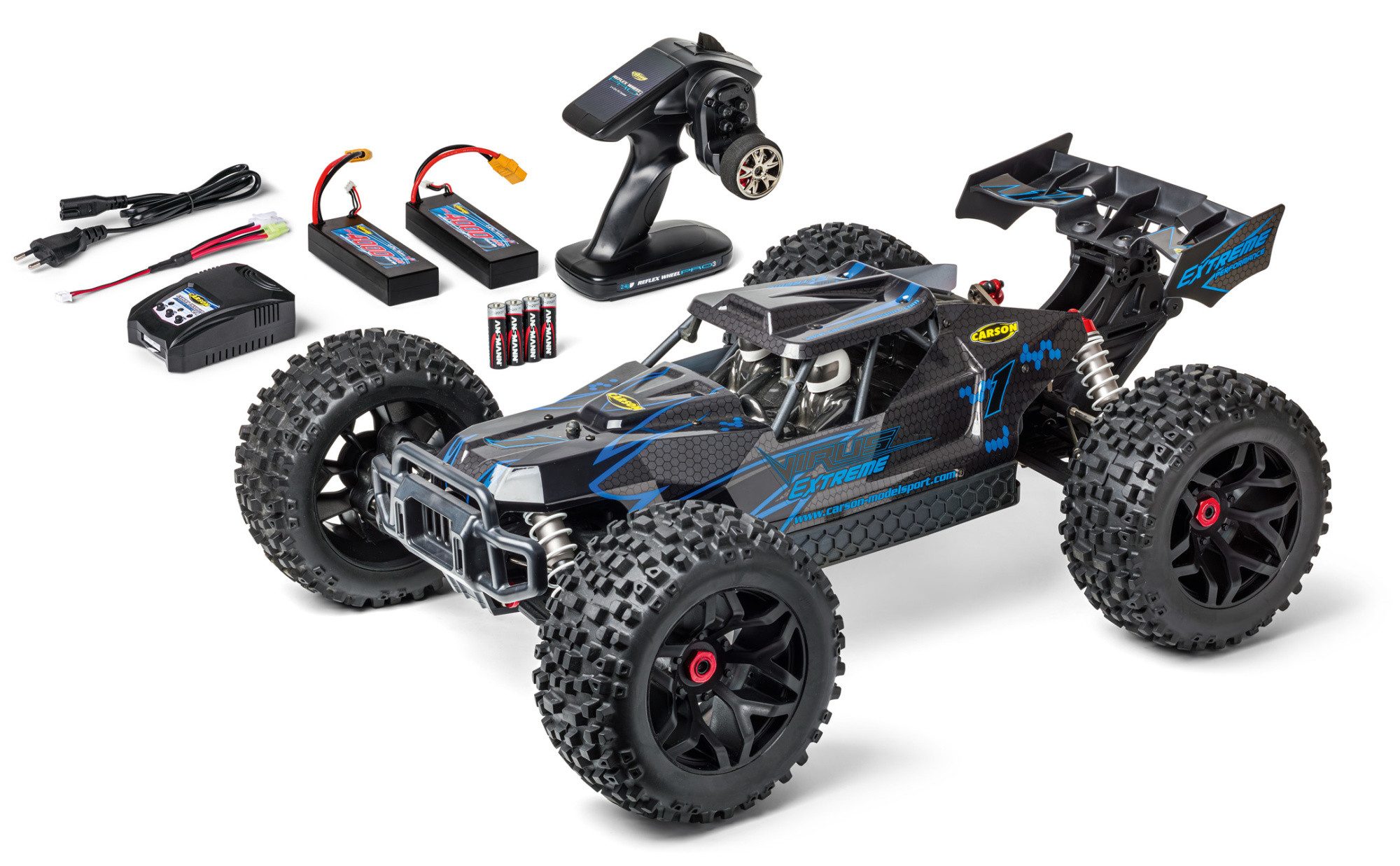 Carson RC Virus Extreme 4S Brushless Buggy 2,4Ghz 100% 1:8 XL RTR Blau RC-Ladegerät
