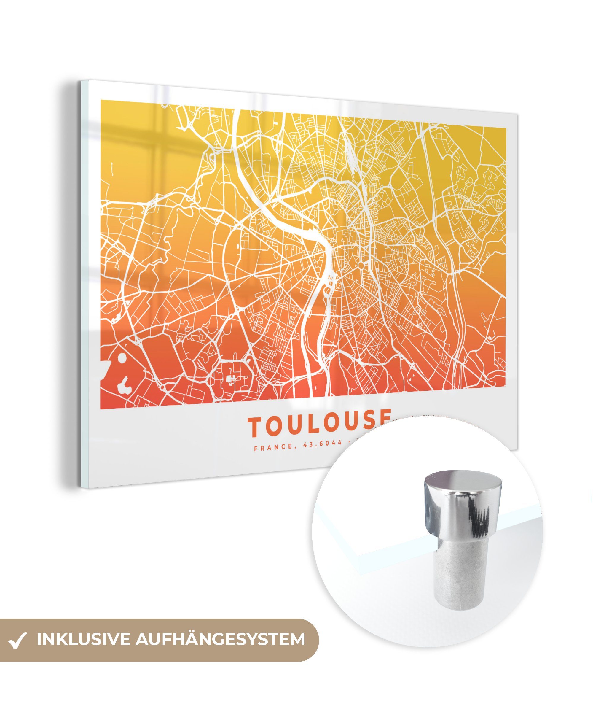 MuchoWow Acrylglasbild Toulouse - Stadtplan - Frankreich, (1 St), Acrylglasbilder Wohnzimmer & Schlafzimmer