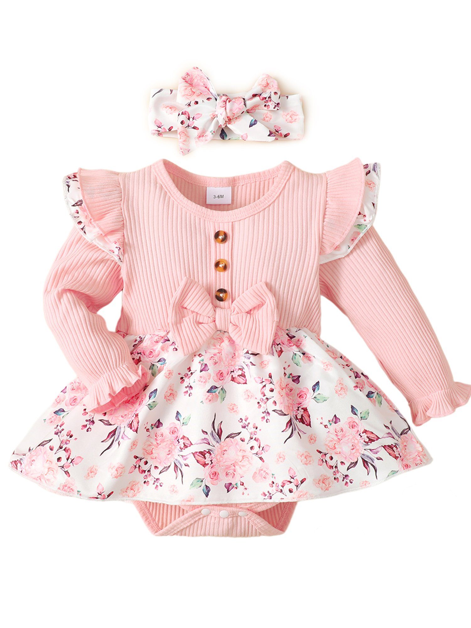 LAPA Strampler Langarm Strampler mit Blumenmuster und Rüschen für Baby Mädchen (Set, 2-tlg) Neugeborenes Partykleid Outfits, Weicher Strickoverall