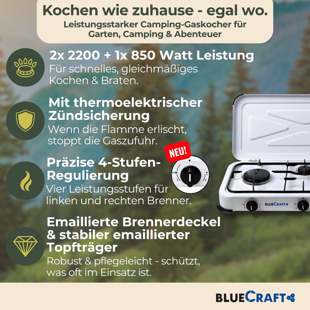 BlueCraft Gaskocher 3 flammig mit Zündsicherung 50mbar Propan Gas Campingkocher 5,25 kW, (mit Schlauch 100 cm und Gas Regler Druckminderer), Camping Gas Kocher  – Bild 3 von 5