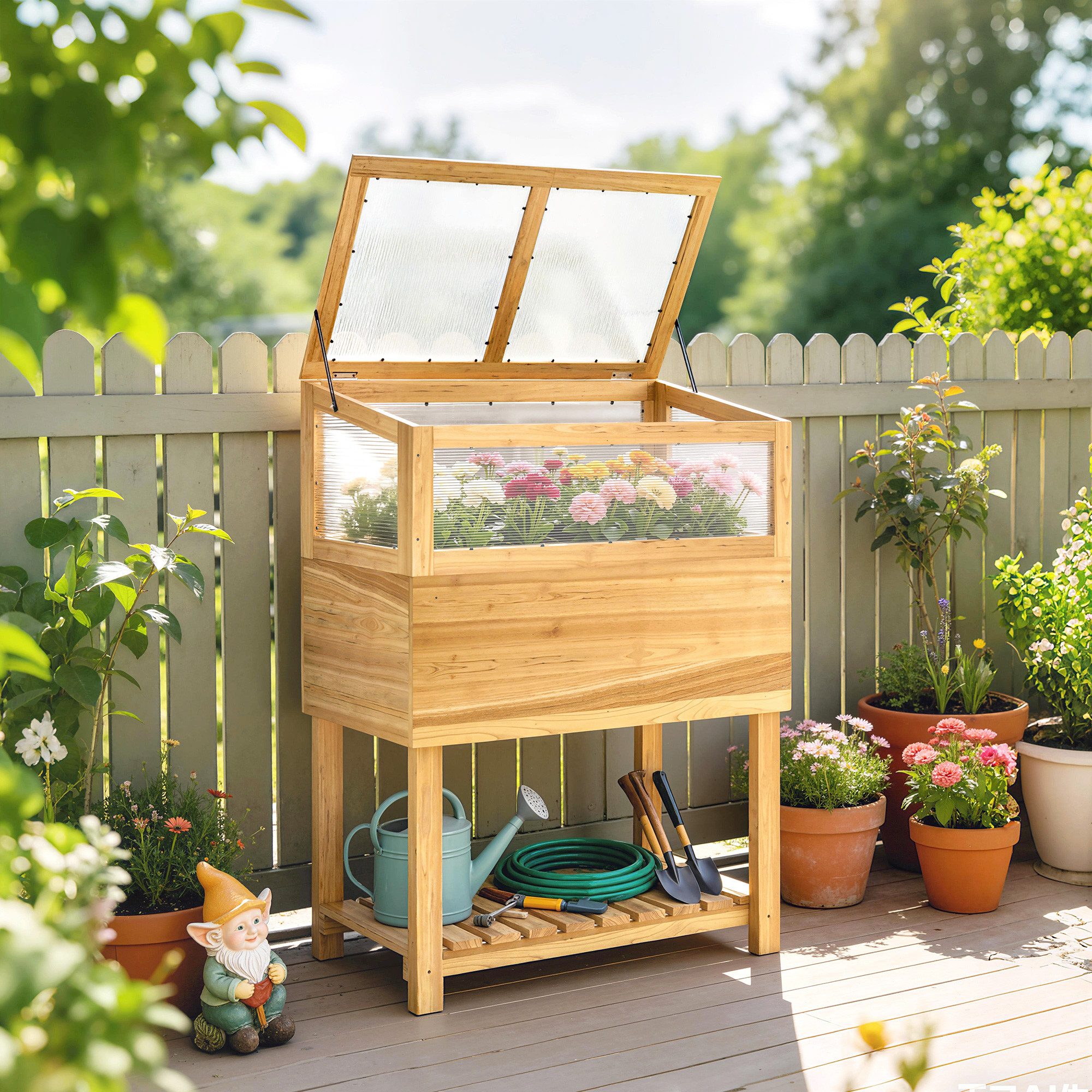 Outsunny Hochbeet mit aufklappbar Abdeckung, Regal, Vliesstoff (Pflanzkasten, 1 St., Frühbeetaufsatz), für Garten Balkon 80x45x108,5cm Naturholz