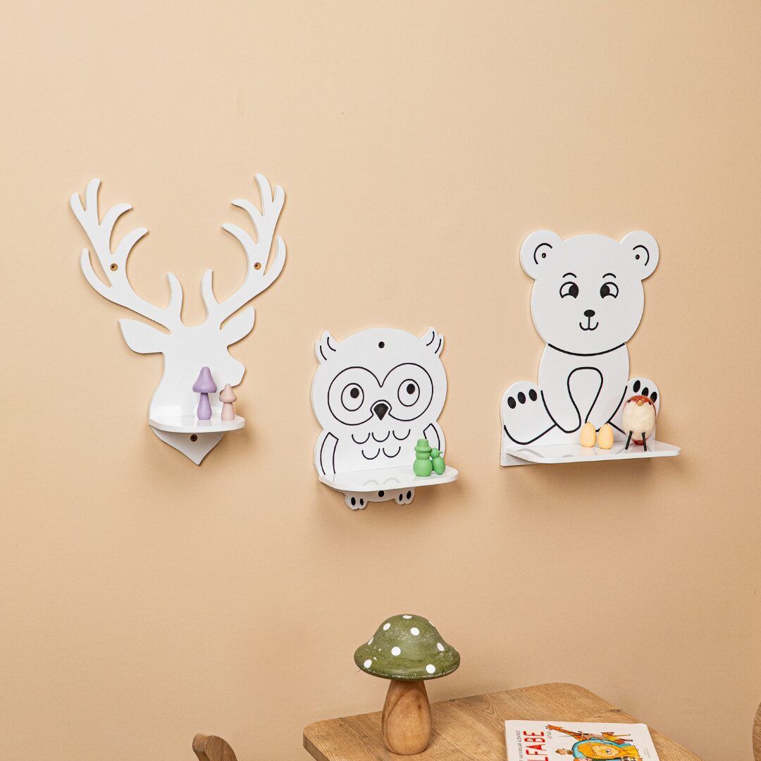 COZYCOLLECTIONS Kinderregal Wandregal Waldtiere – Bär/Eule/Hirsch oder 3er-Set,Weiß, Wandregal / Hängeregal (3-teiliges Set), Montessori: Bücher & Spielzeug auf Augenhöhe – selbst wählen & ordnen