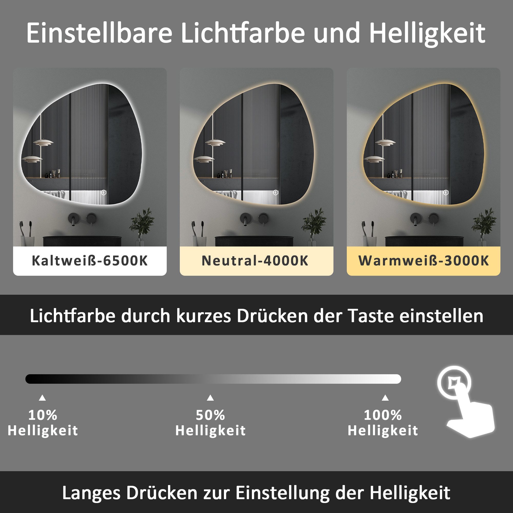 WDWRITTI Dekospiegel Wandspiegel mit Beleuchtung LED Schminkspiegel Kosmetikspiegel groß (Flurspiegel Modern Rahmenlos, 80x80cm), Kalt/Neutral/Warmweiß, Dimmbar – Bild 5 von 5