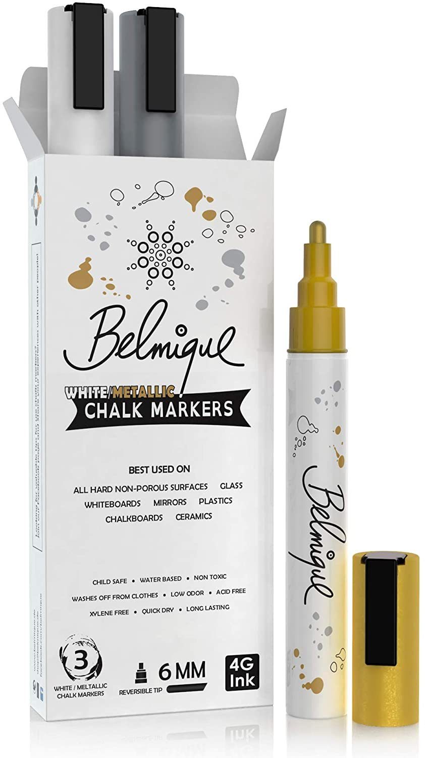 Belmique Malkreide Kreidemarker, (3er Pack, 4-tlg., Ideal als Kreidestifte, Tafelstifte, Folienstifte, Fensterstifte), Gold, Silber, Weiß - Abwischbar auf glatten Oberflächen