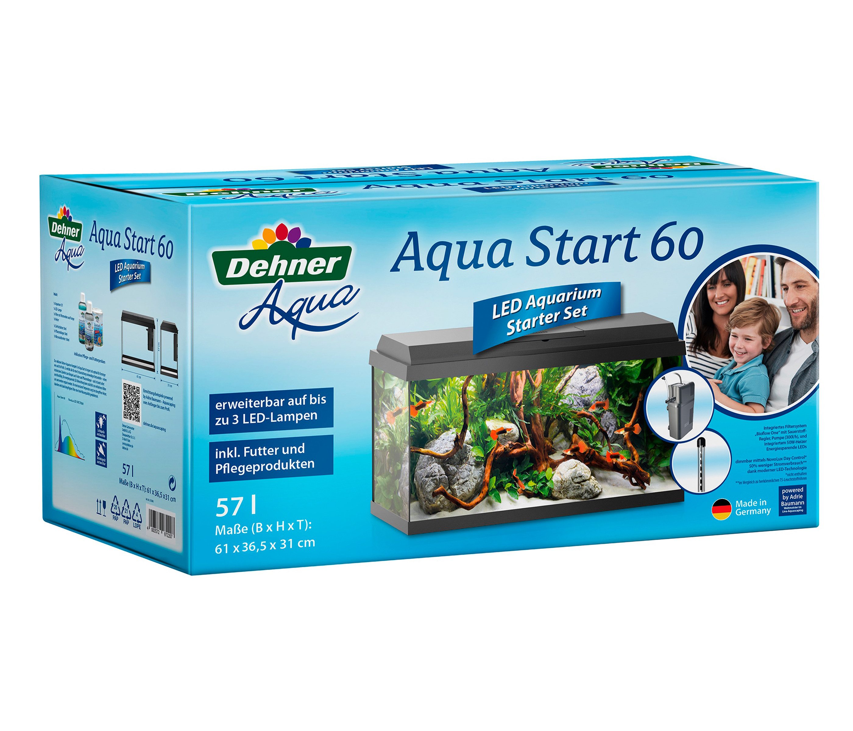 Dehner Aquarien-Set Aqua Start 60, 61 x 37 x 31 cm, mit Futter/Pflege, Einsteiger-Aquarium mit vielem Zubehör