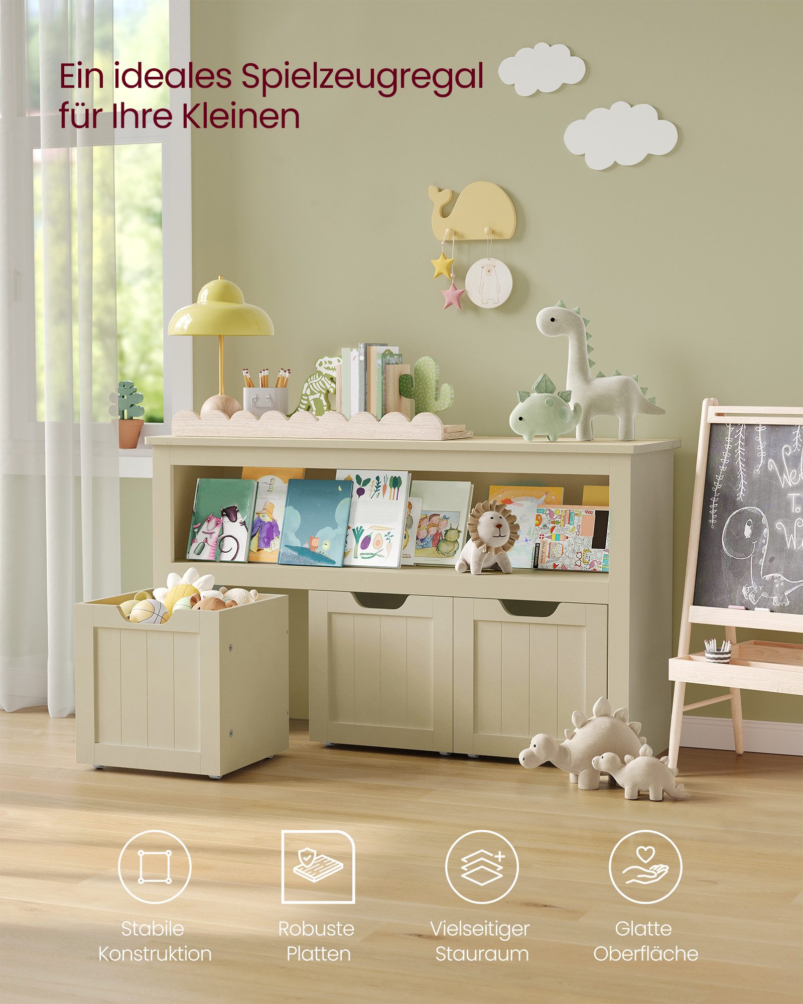 VASAGLE Kinderregal Spielzeugaufbewahrung, Bücherregal Kinder, Spielzeugregal, mit Rollen, 30 x 102 x 60 cm – Bild 4 von 5