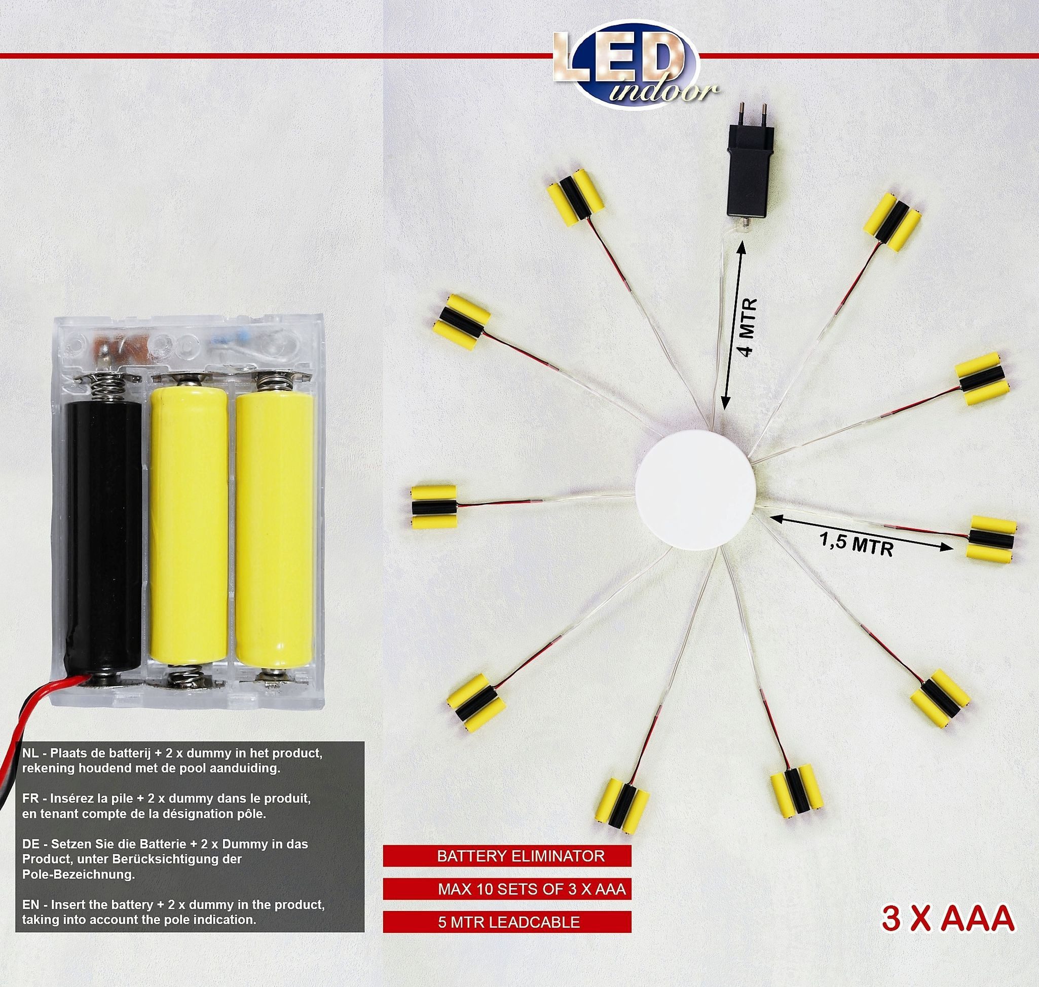 Coen Bakker Deco BV Batterie Netzteil Adapter 10 x 3 AAA Micro Batterien 4,5V Adapter, 400 cm, für LED-Geräte