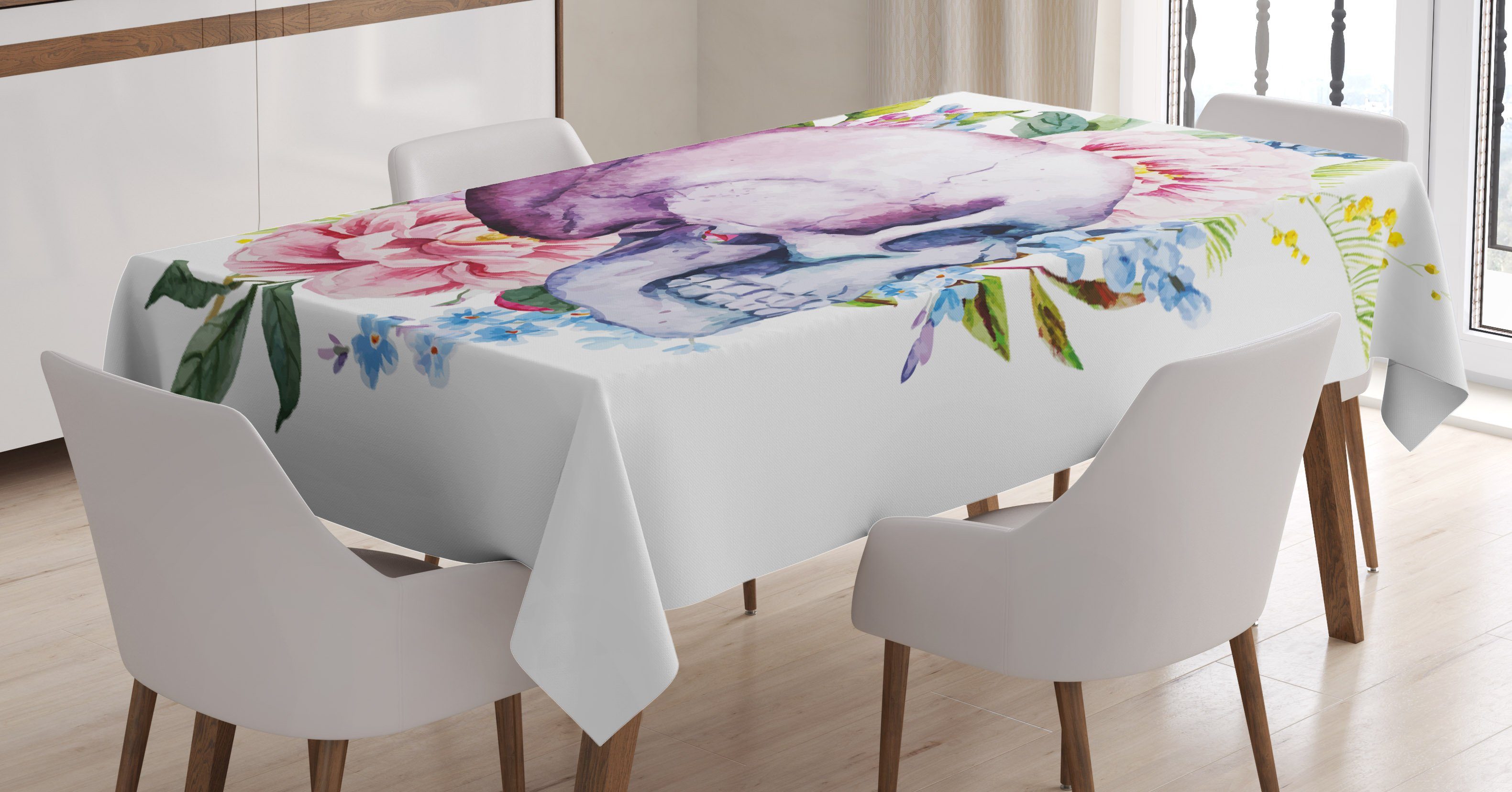 Abakuhaus Tischdecke Farbfest Waschbar Für den Außen Bereich geeignet Klare Farben, Bunt Abstrakte Schädel Blumen