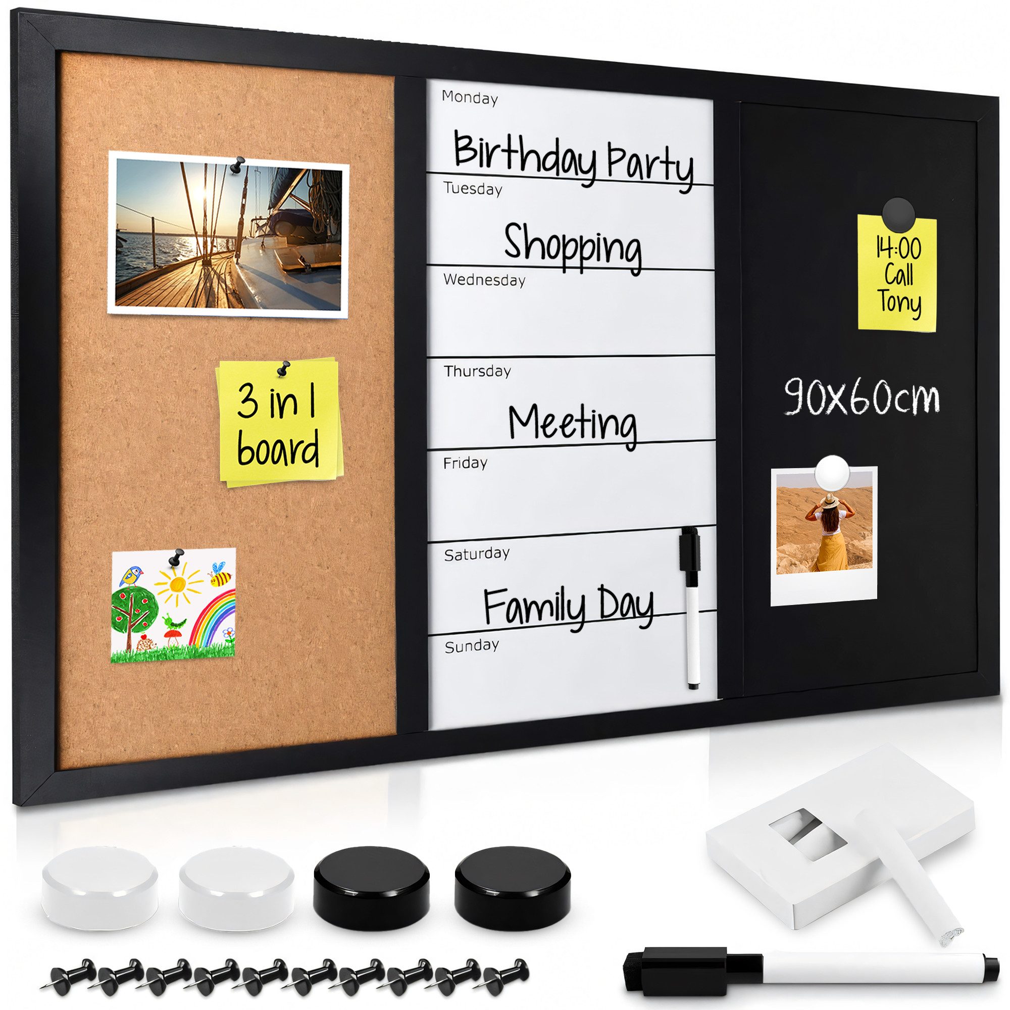 Navaris Tafel 3in1 Kombitafel 90x60x1,5cm - Kreidetafel Whiteboard Kork Pinnwand, (1-tlg)