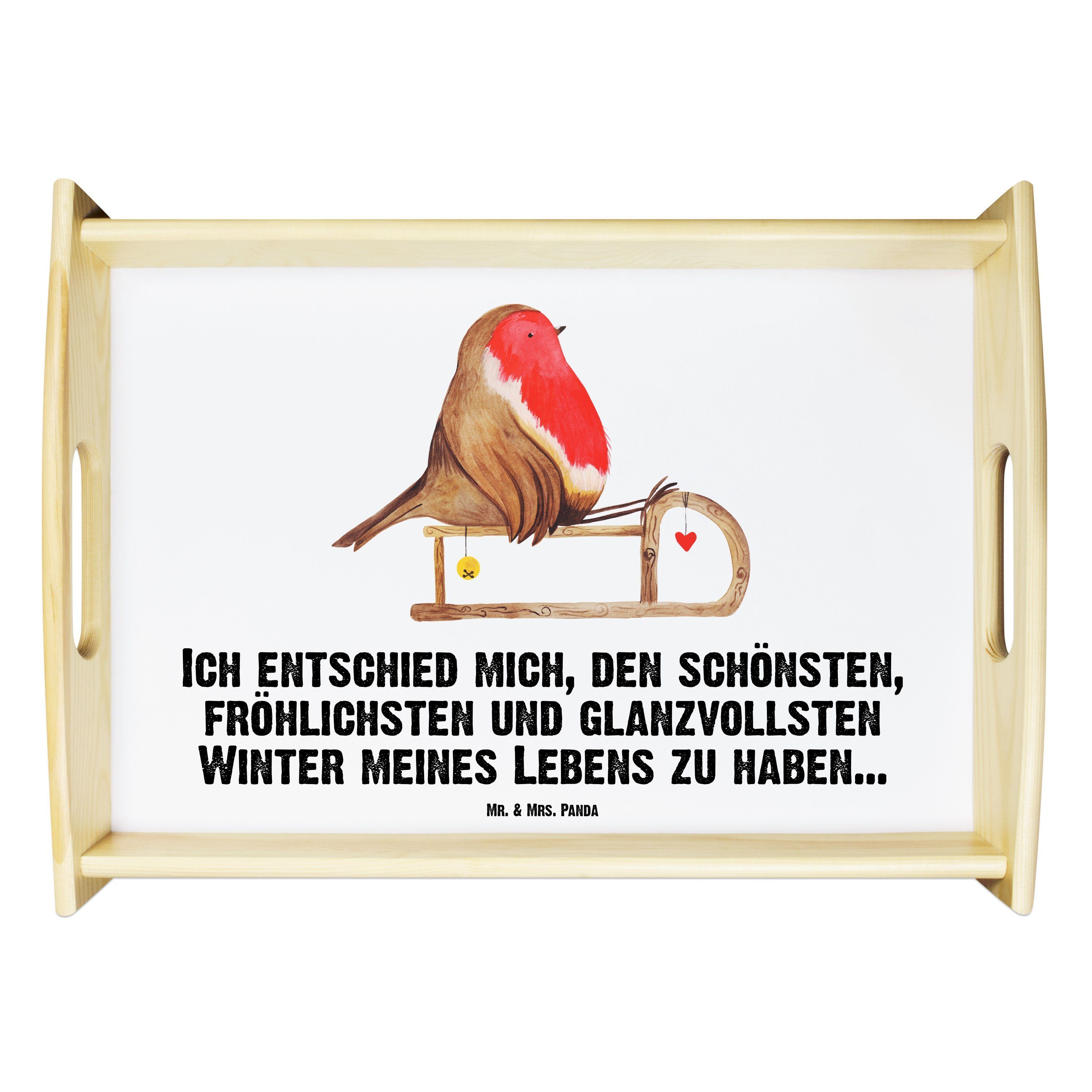 Rotkehlchen Geschenk, Mrs. Panda & Tablett Weihnachten, Echtholz Schlitten W, - - Weiß (1-tlg) lasiert, Heiligabend, Mr.