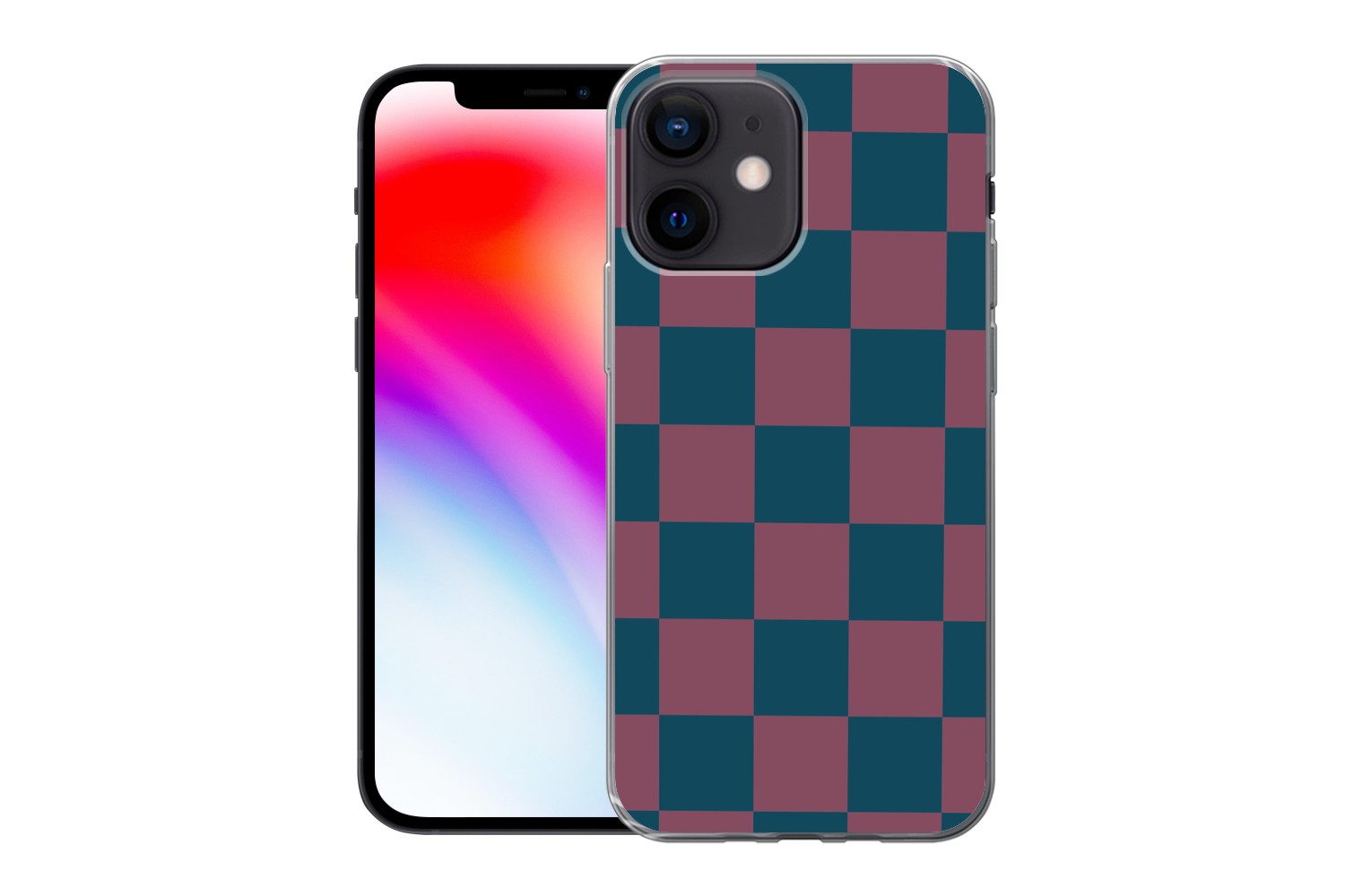 MuchoWow Handyhülle für Apple iPhone 12 mini Schachbrett Druck - Blau - Rot - Würfel, Smartphone-Bumper, Print, Handy Schutzhülle Dünn