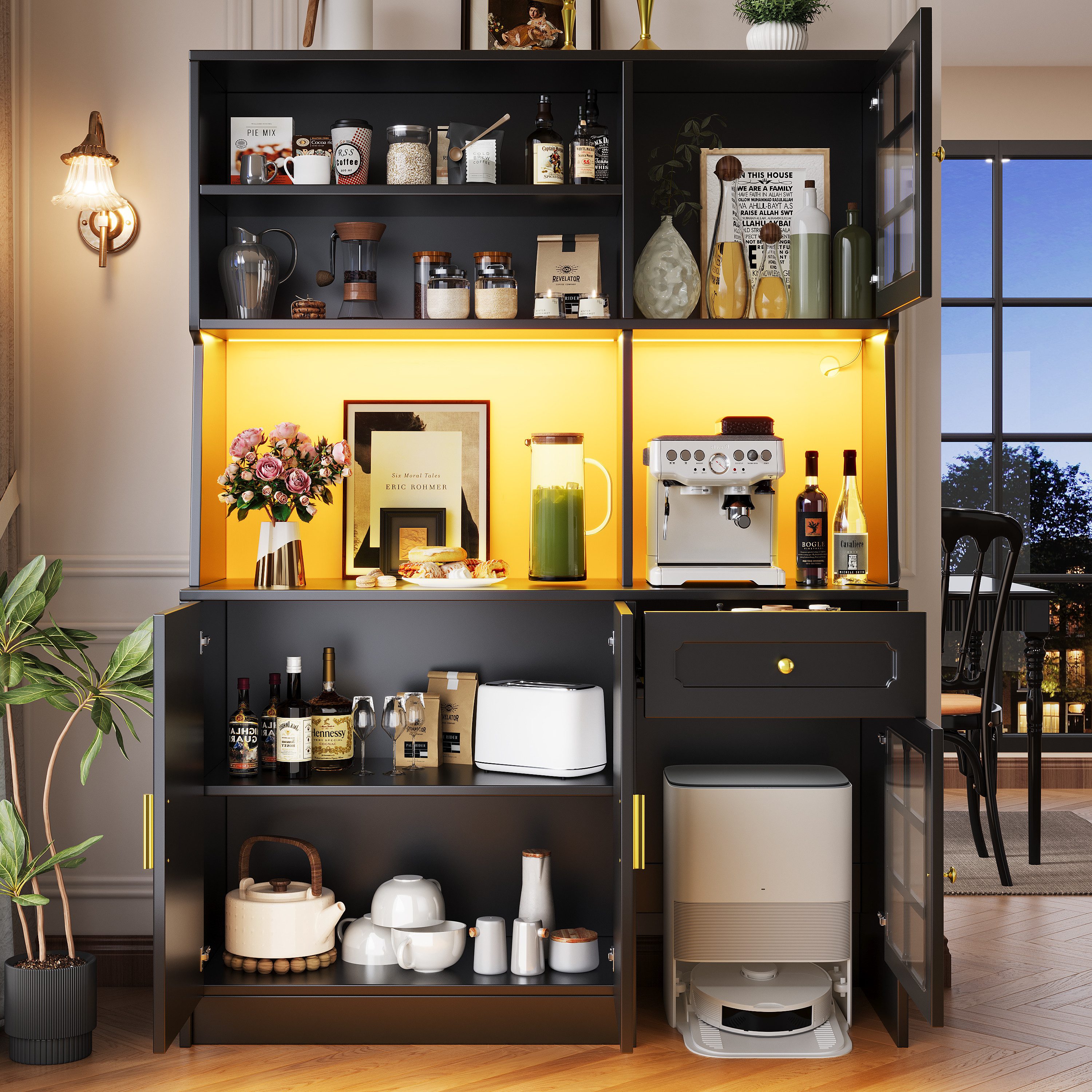 Flieks Küchenbuffet Hochschrank mit LED-Beleuchtung, Schubladen und Glastüren (1-St., B130/T45/H180 cm) Küchenschrank Geschirrschrank Buffetschrank mit Arbeitsp – Bild 2 von 5
