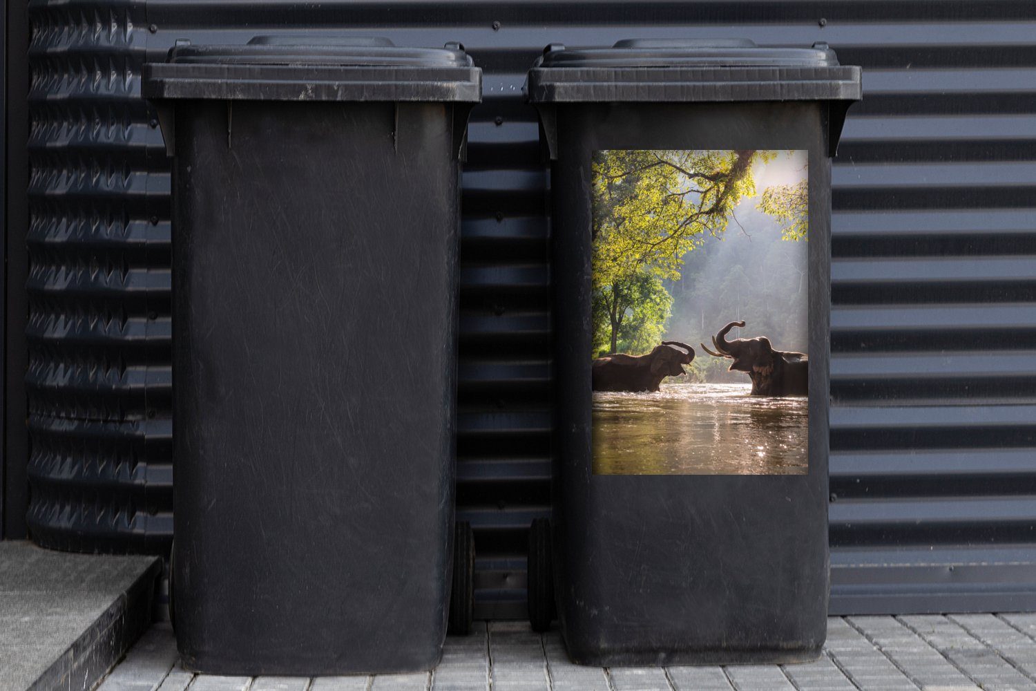 - Abfalbehälter MuchoWow Elefant Sticker, Wasser Mülltonne, Wandsticker Sonne (1 St), Container, Bäume Mülleimer-aufkleber, - Tiere - -