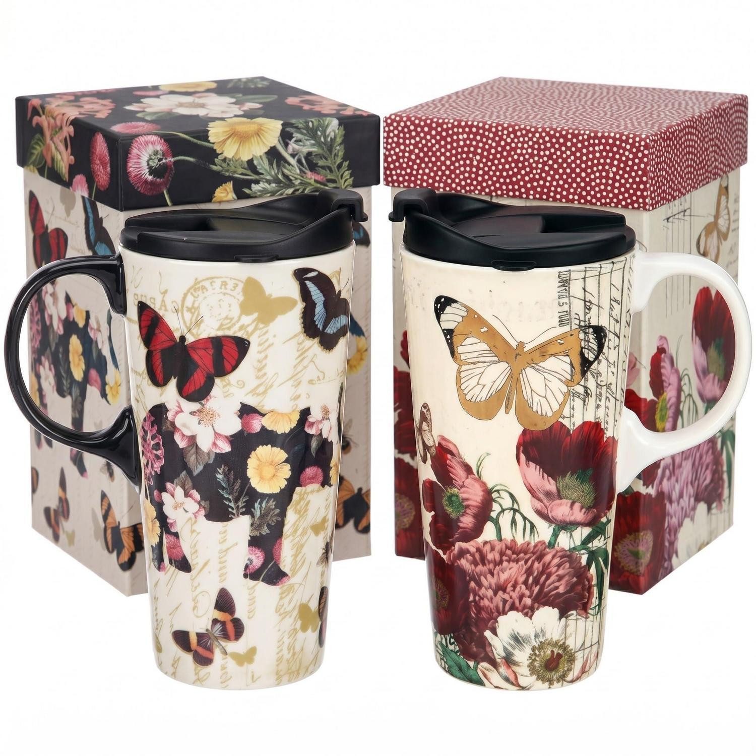 LuxusKollektion Coffee-to-go-Becher Keramik Reisebecher 500ml 2er Set Schmetterling Blumen, Keramik