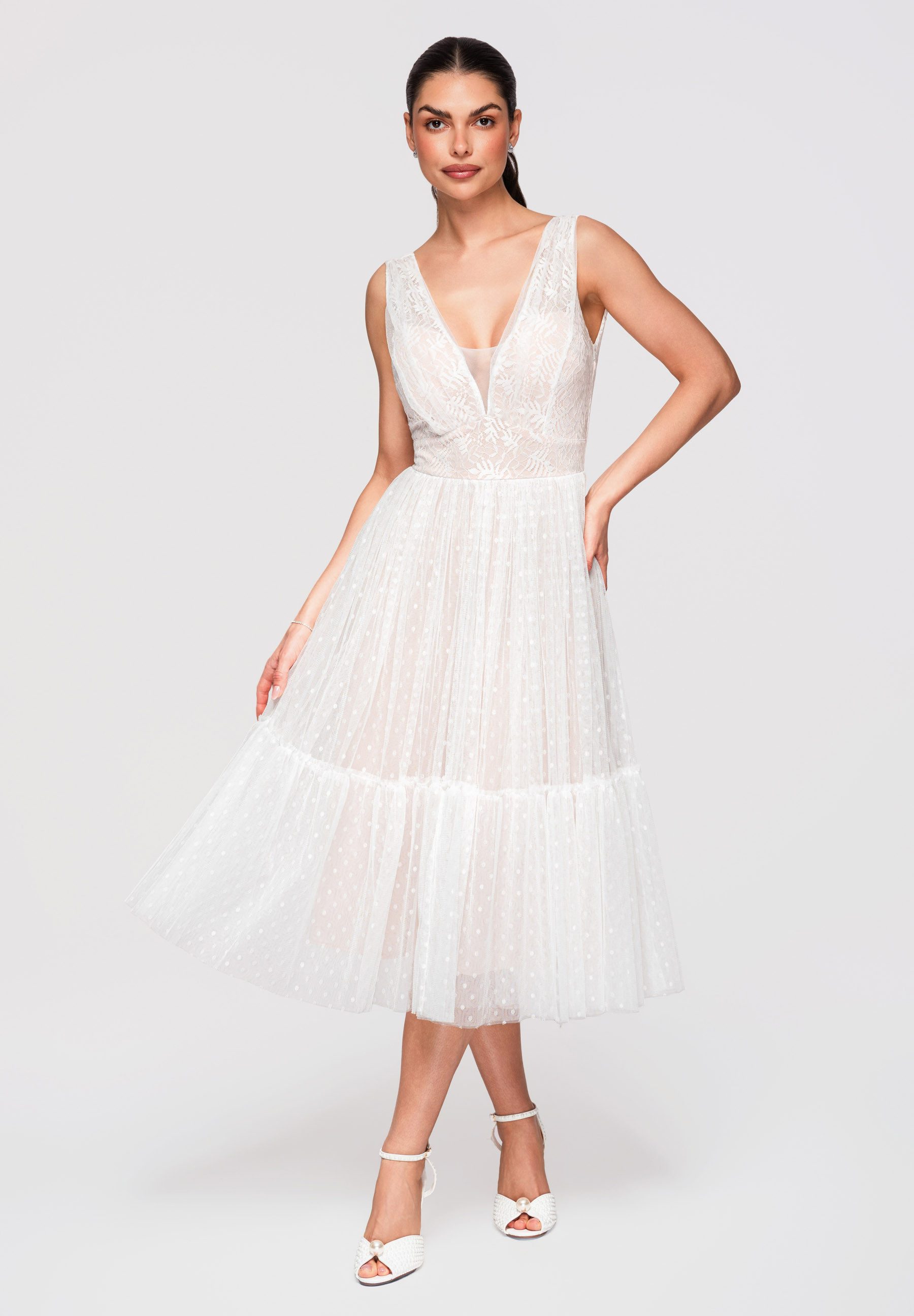 OMBRE Abendkleid Damen Midikleid Spitze Tüll A-Linie Weiß S (kein Set, 1-tlg) Transparente Einsätze, mehrlagiger Rock