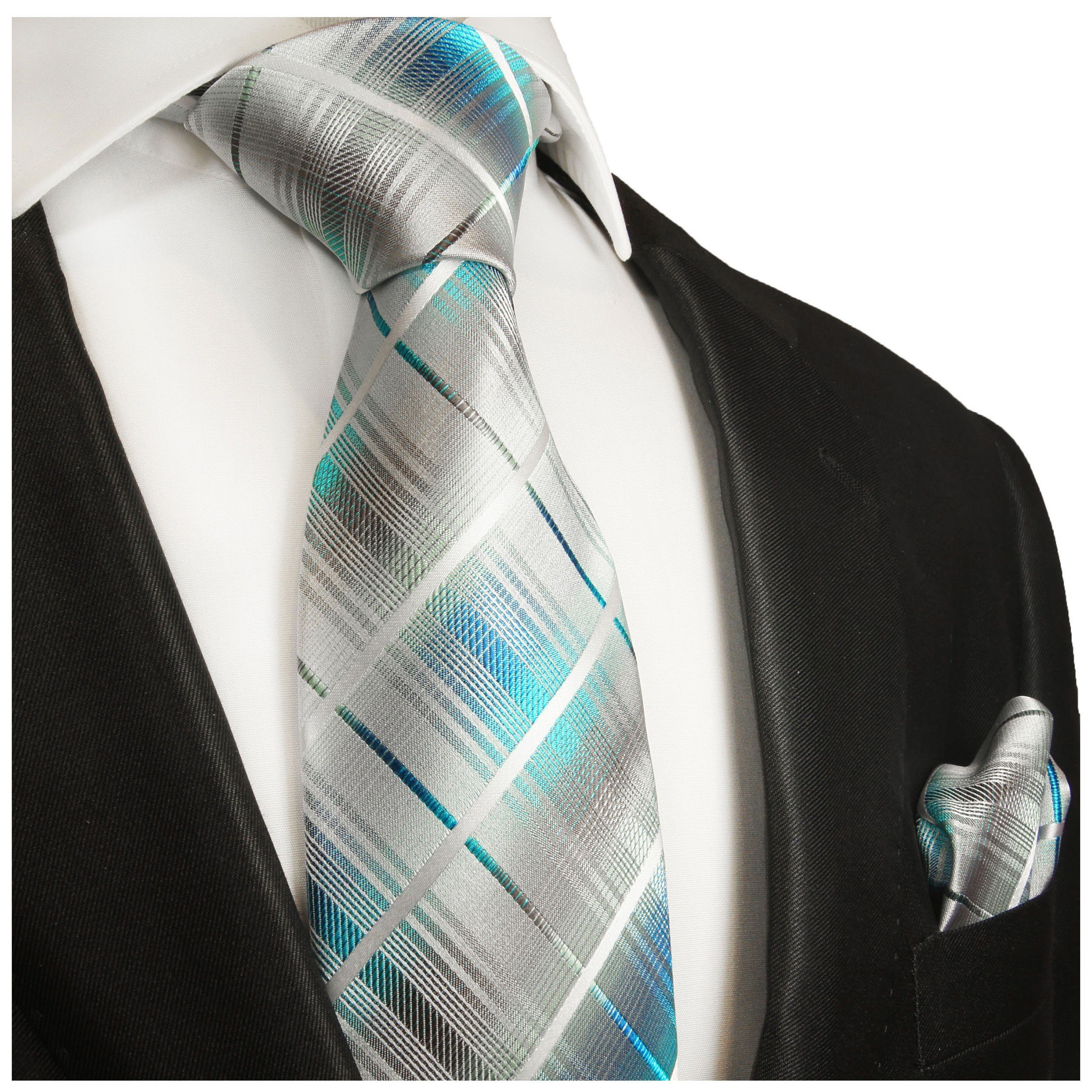 Herren türkis Einstecktuch) Paul 2-St., 2027 Krawatte (6cm), mit gestreift (Set, Seidenkrawatte Krawatte Schmal modern Seide Tuch mit grau Malone 100%