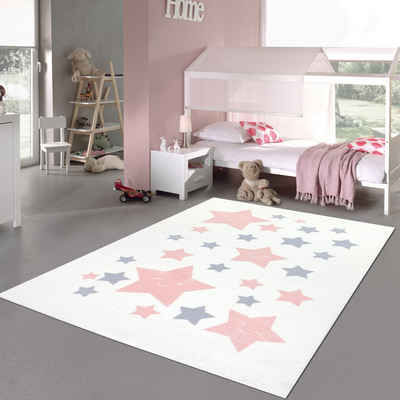 Kinderteppich Teppich-Kinderzimmer Sterne weich pflegeleicht rosa, grau weiß, Teppich-Traum, rechteckig, Geeignet für Fußbodenheizung, Schmutzabweisend
