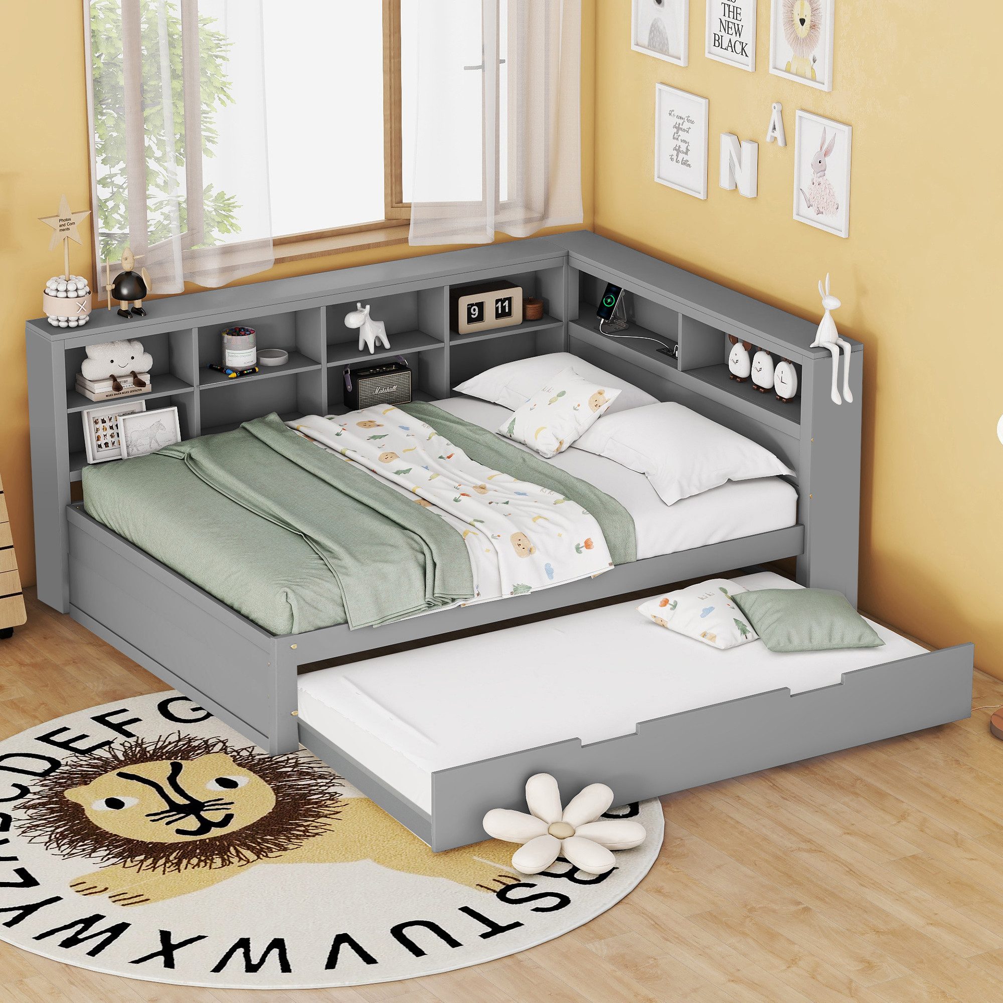 REDOM Stauraumbett aus Massivholz, Ausziehbett 90x190 cm, USB-Steckdose und Stauraum (Kinderbett Holzbett, 140x200cm(90x190cm), ohne Matratze