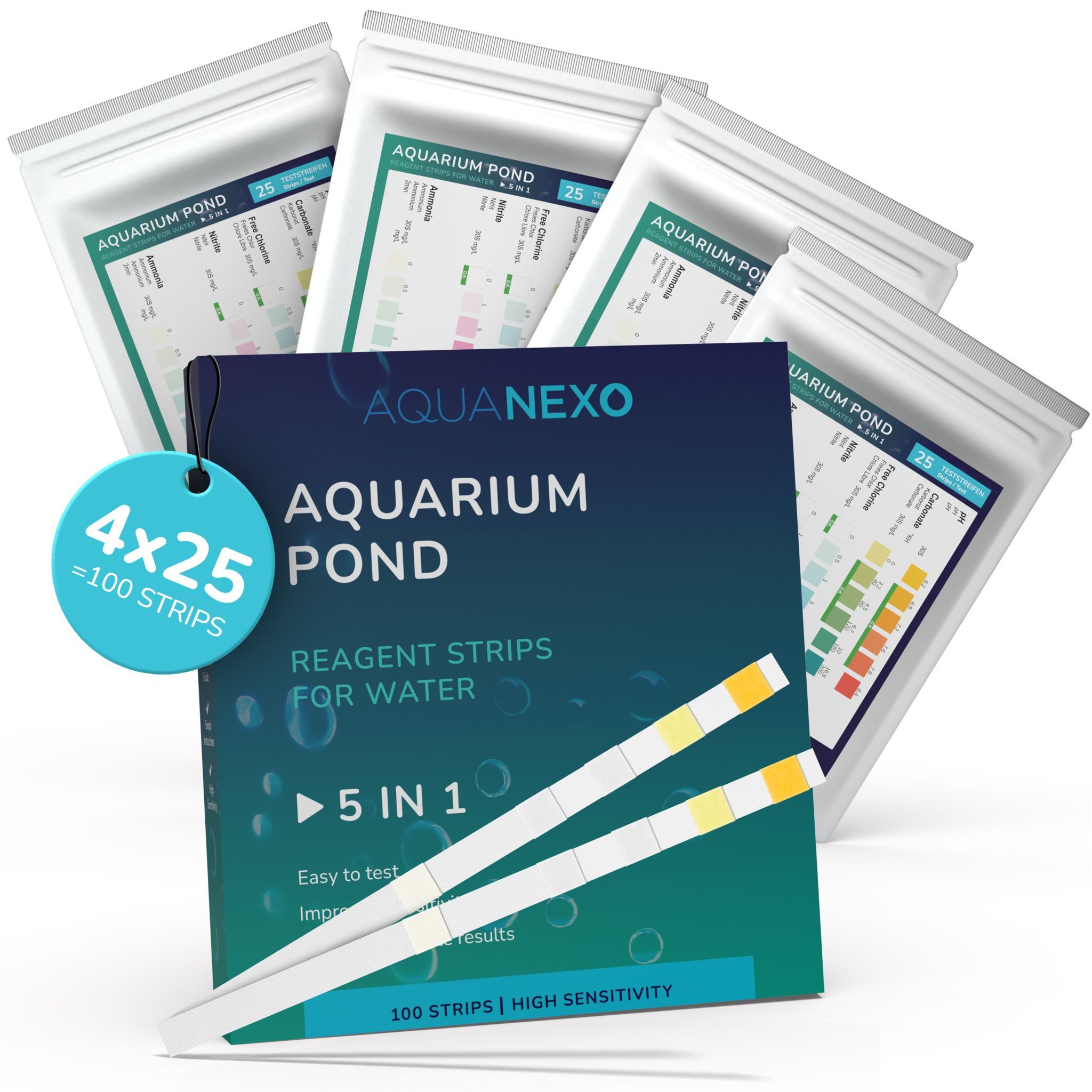 AquaNexo Aquarium-Wassertest Aquanexo 5in1 Aquarium Teststreifen – Wassertest 100 Stück