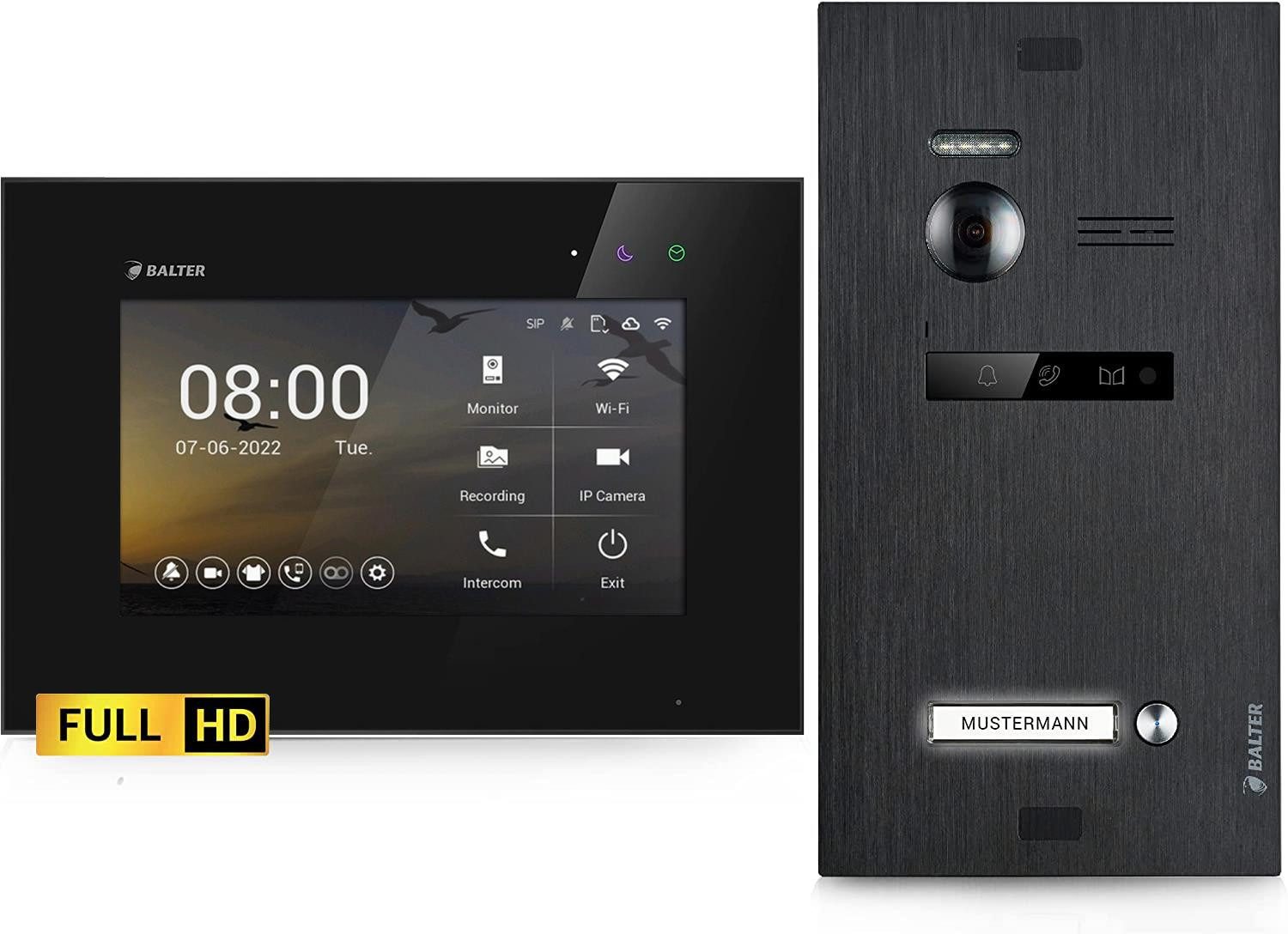 Balter Video-Türsprechanlage EVO HD für 1 Familienhaus, 1x Monitor BL, Full HD, 2-Draht, Schwarz (Komplettset, 1-tlg., Full HD Video, Interkom, 2-Draht BUS)
