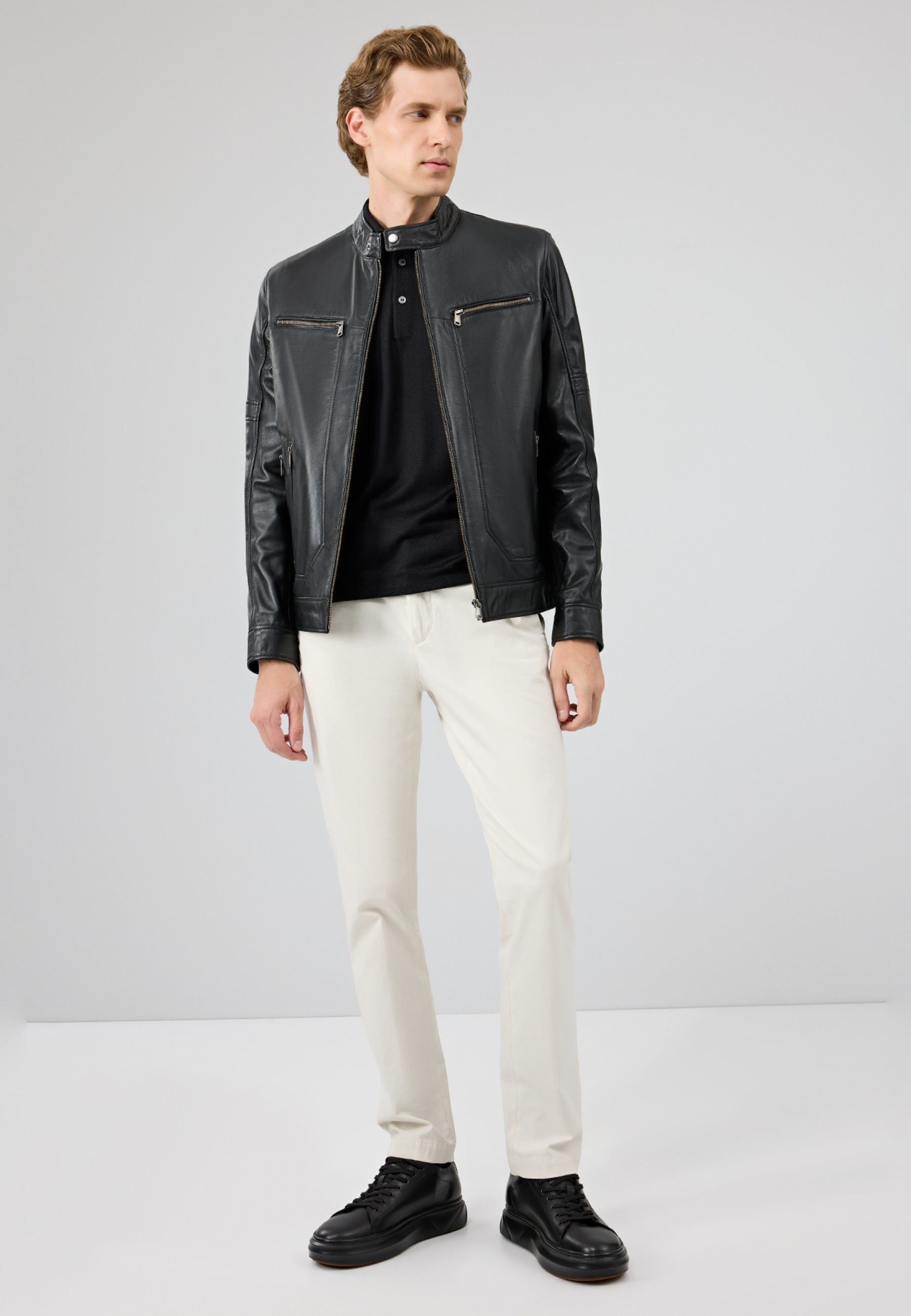 Derimod Lederjacke Patrick Lederjacke mit Stehkragen Regular Fit, Reißverschluss, Stehkragen, Kurz, Textilfutter