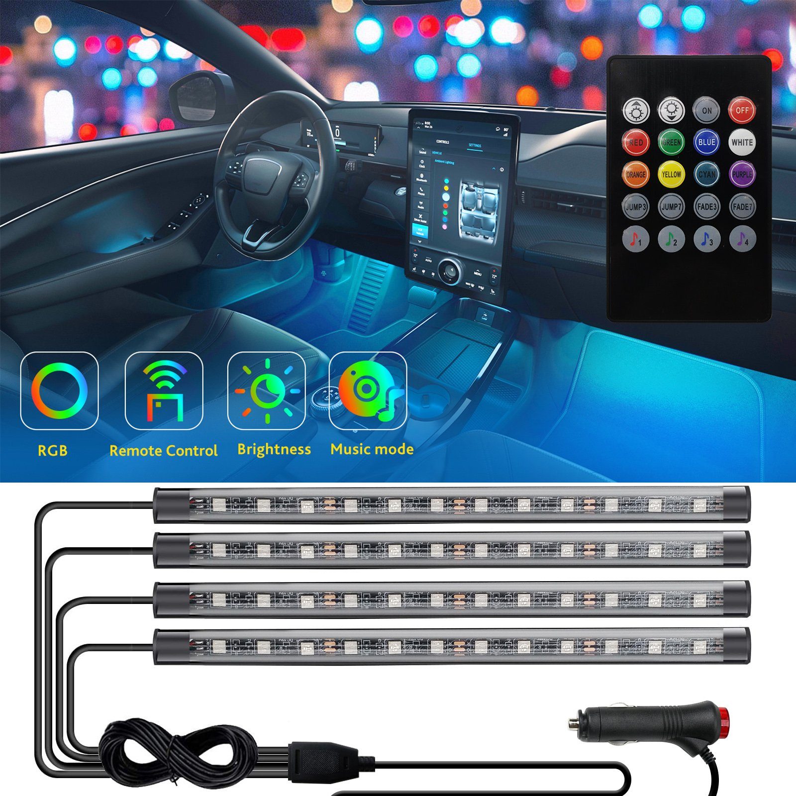 Rosnek LED Stripe 4 Stück, 12cm, 8 Farben, Musiksyn, Stimmungslichter für Autos, wasserdicht, Fernbedienung