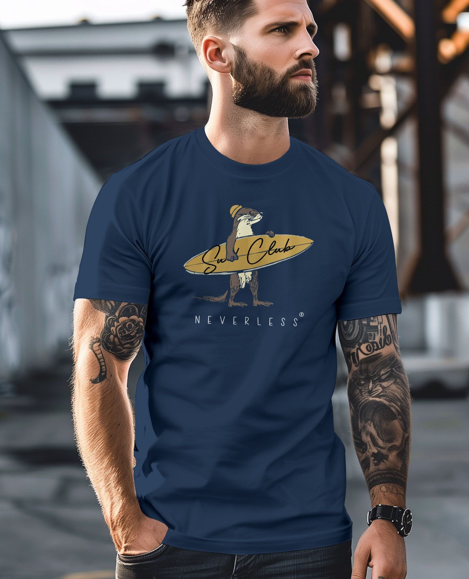 Neverless Print-Shirt Herren T-Shirt California Surfing Otter mit Surfboard Grafik mit Print
