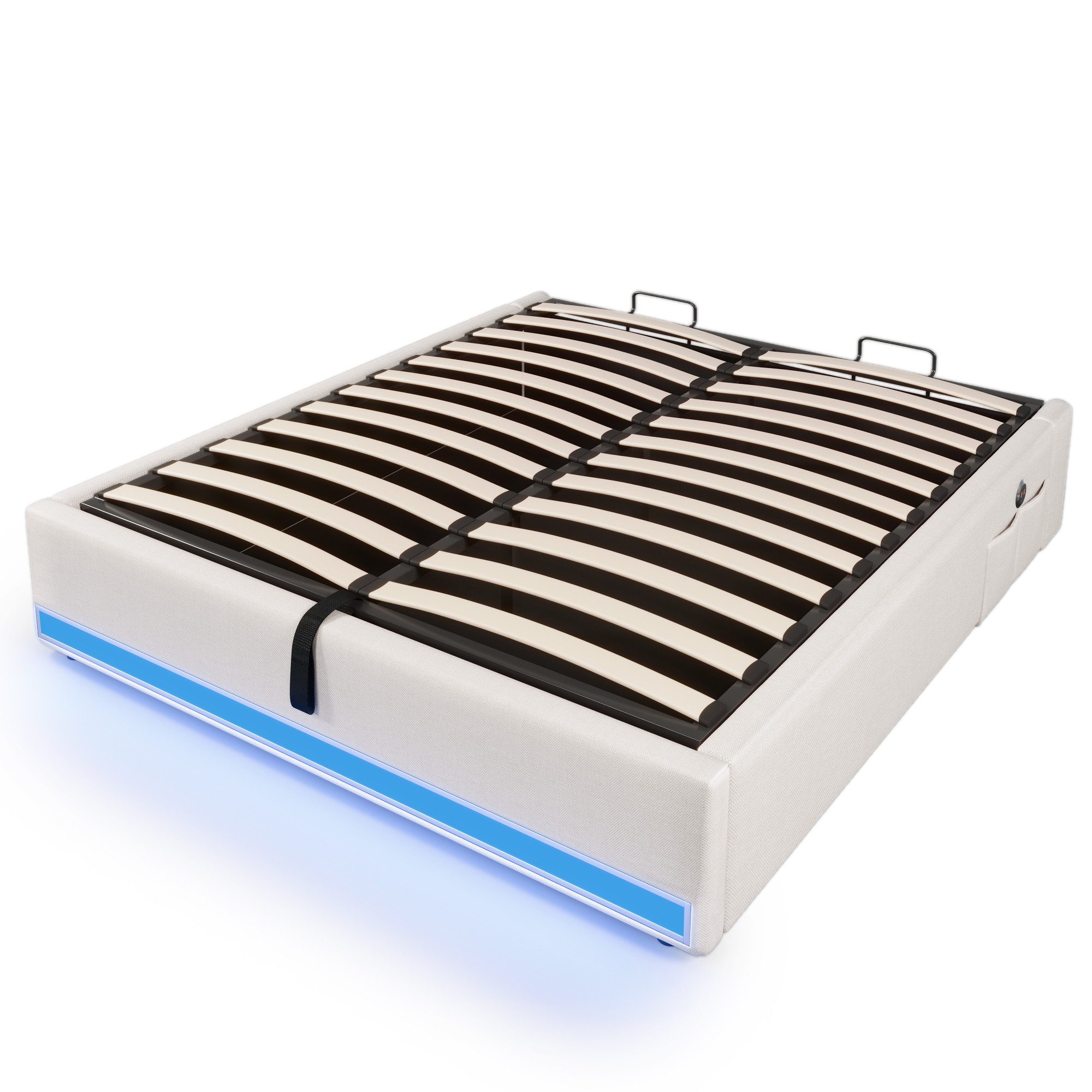 SOFTWEARY Futonbett mit LED-Beleuchtung und Aufbewahrung (mit Mehrfachsteckdose, 140x200 cm), Doppelbett ohne Kopfteil, Leinen