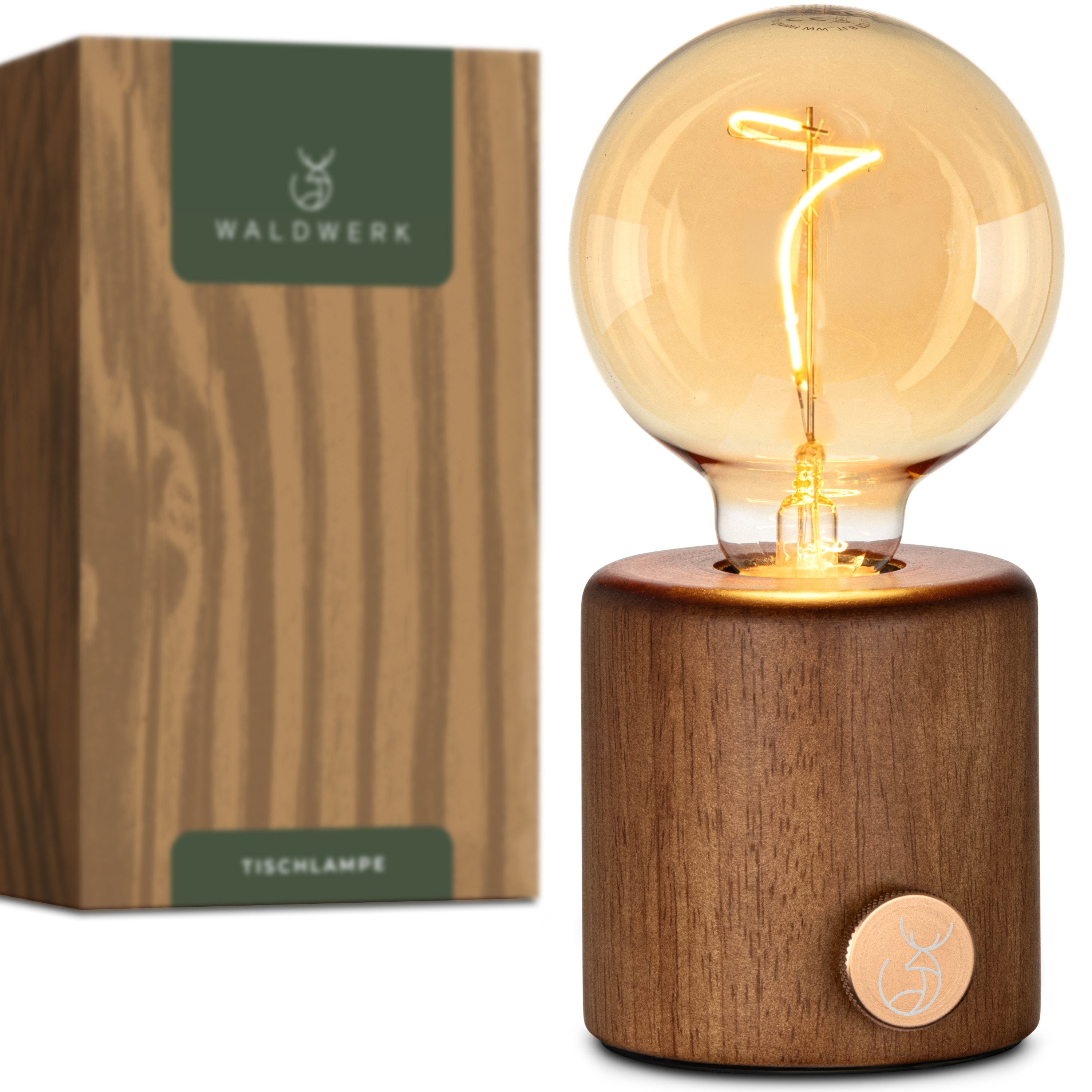Waldwerk Nachttischlampe kabellos aus Eichenholz und Metall - Tischlampe mit Akku, LED wechselbar, Warmes Ambientelicht, Lampe kabellos - Tischleuchte - Tischlampe kabellos