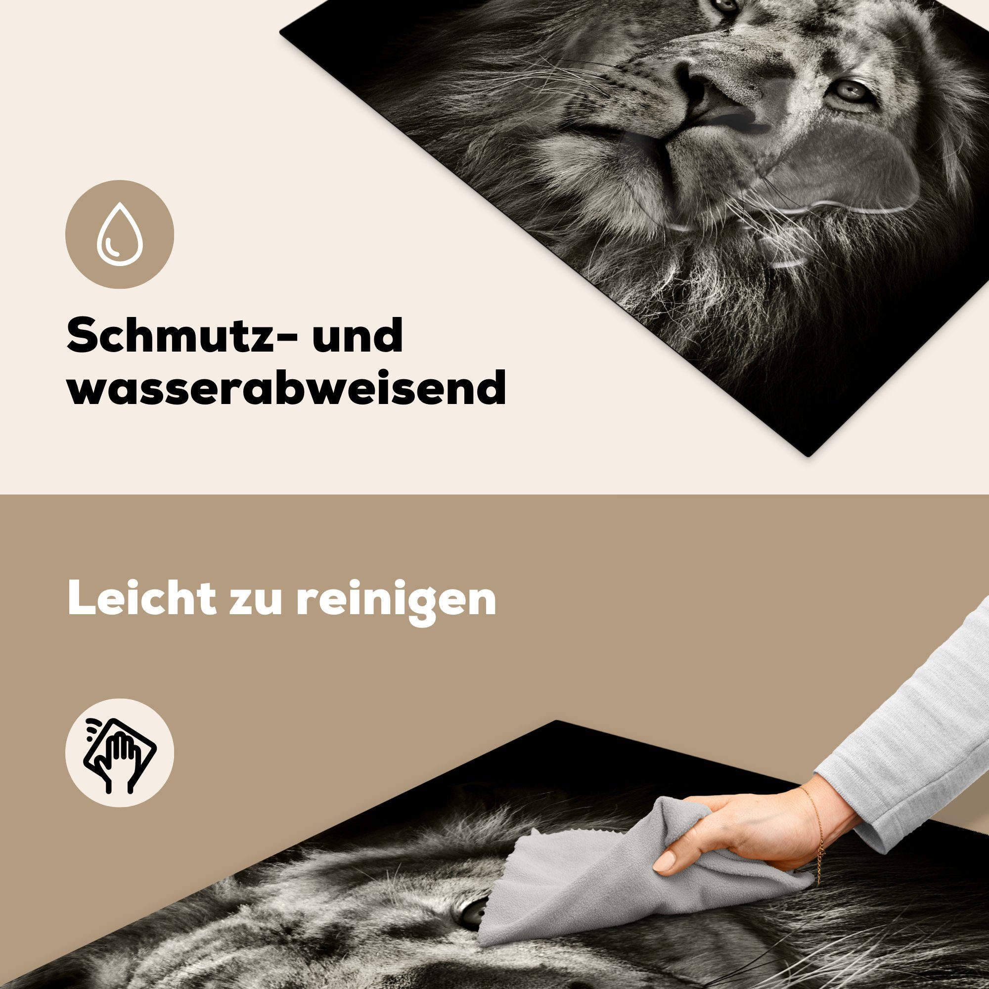 MuchoWow Herdblende-/Abdeckplatte Löwe - Tiere Schwarz und tlg), küche Porträt Vinyl, Ceranfeldabdeckung, Wildtiere - Arbeitsplatte für 81x52 - weiß, - (1 cm