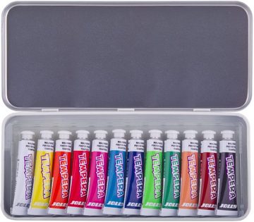 Malpalette Tempera Farben, 12 verdünnbare Flüssigfarben (12x7,5ml), in komfortabler Metallbox